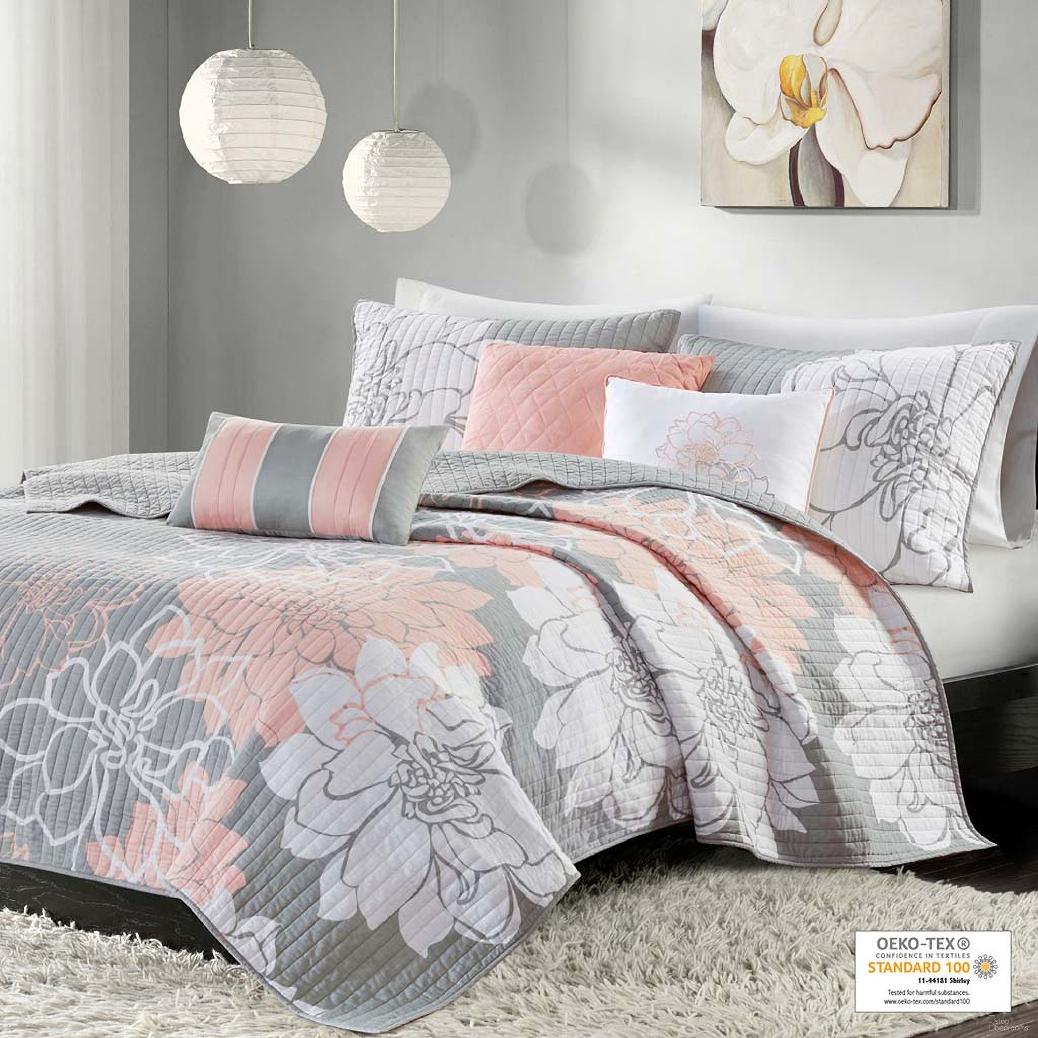 The appearance of Lola Cotton Sateen Printed 6 Piece Queen Coverlet Set In Grey/Blush designed by Olliix in the transitional interior design. This grey/blush piece of furniture  was selected by 1StopBedrooms from Lola Collection to add a touch of cosiness and style into your home. Sku: MP13-6834. Bed Size: Queen. Material: Cotton.