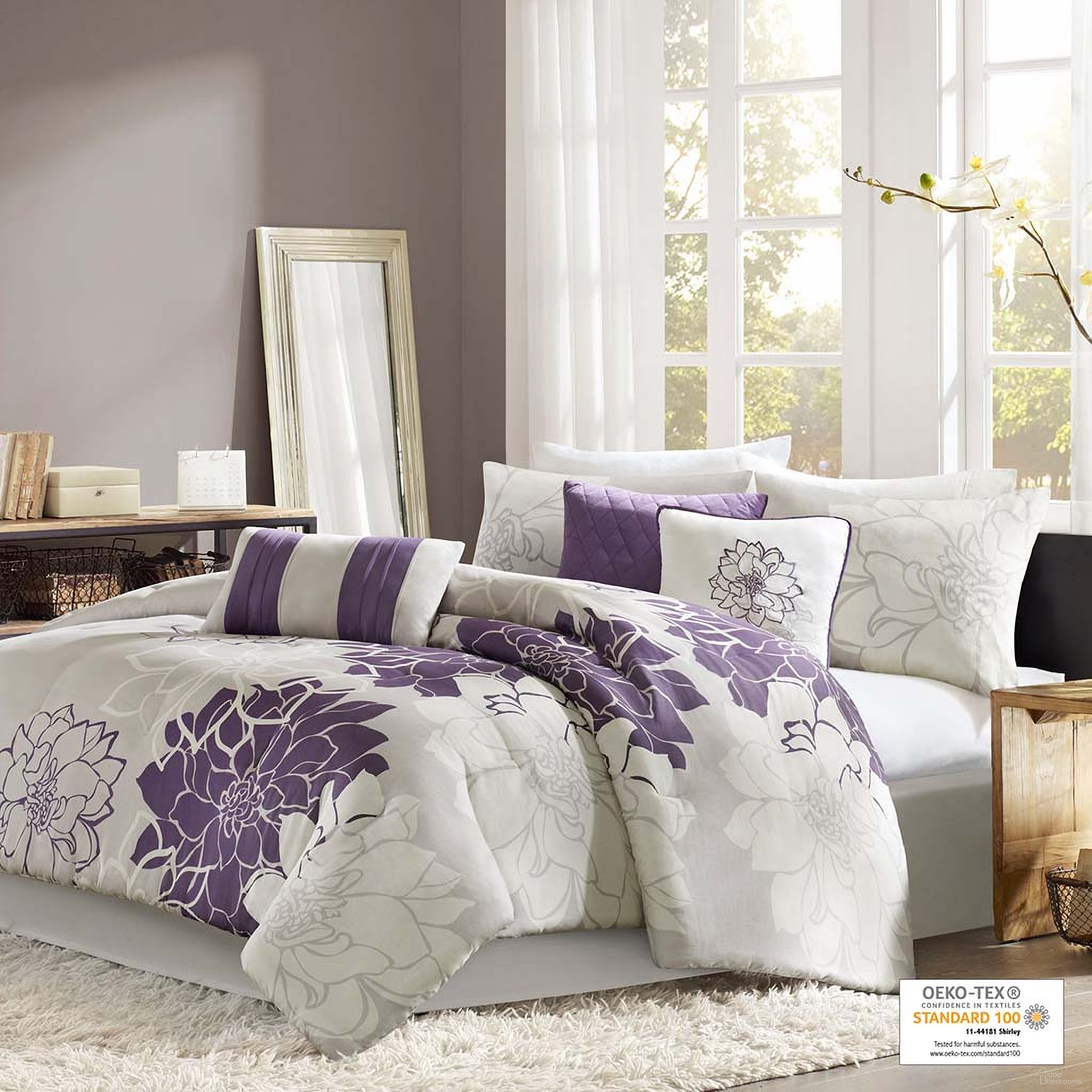 The appearance of Lola Cotton Sateen Printed Queen Comforter 7 Piece Set In Purple designed by Olliix in the transitional interior design. This purple piece of furniture was selected by 1StopBedrooms from Lola Collection to add a touch of cosiness and style into your home. Sku: MP10-257. Bed Size: Queen. Material: Cotton.