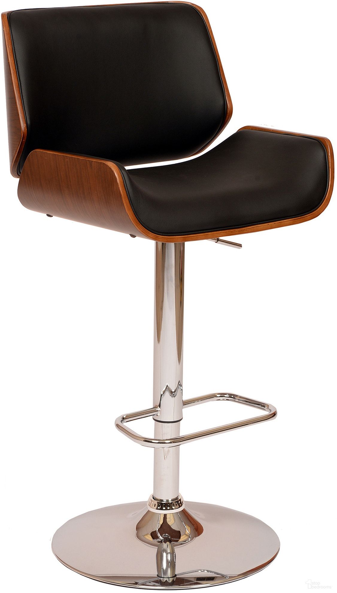 London Black Faux Leather Adjustable Height Swivel Walnut Wood and Chrome Bar Stool