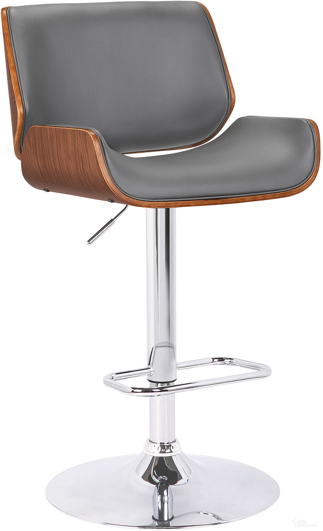 The appearance of London Gray Faux Leather Adjustable Height Swivel Walnut Wood and Chrome Bar Stool designed by Armen Living in the transitional interior design. This gray piece of furniture was selected by 1StopBedrooms from London Collection to add a touch of cosiness and style into your home. Sku: LCLOSWBAGRWA. Material: Faux Leather.