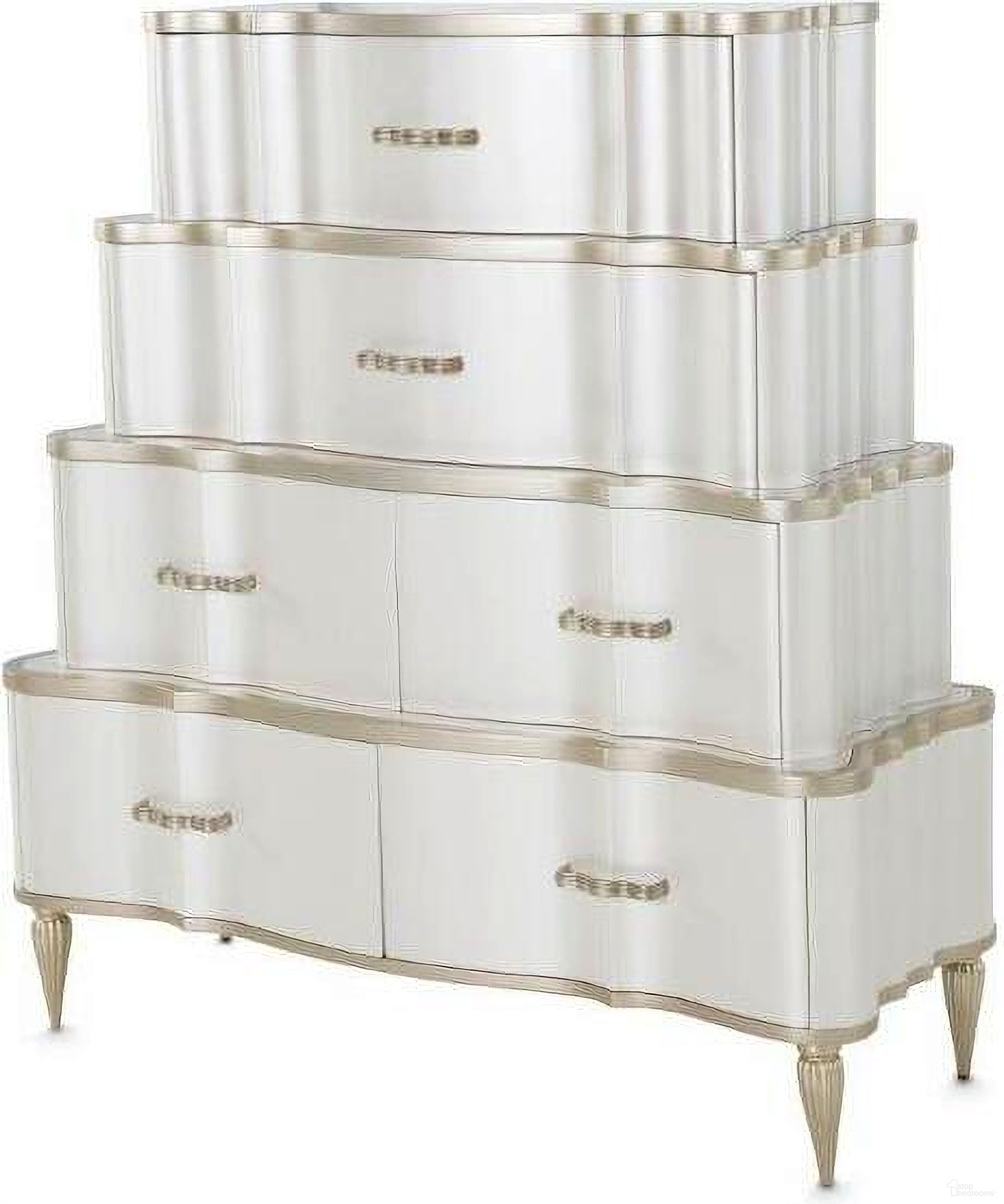 The appearance of London Place 6-Drawer Tiered Chest In Creamy Pearl designed by Michael Amini in the transitional interior design. This creamy pearl piece of furniture  was selected by 1StopBedrooms from London Collection to add a touch of cosiness and style into your home. Sku: N9004070TSA-112;N9004070BSA-112. Material: Polyester.
