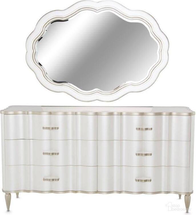 The appearance of London Place Dresser With Mirror In Creamy Pearl designed by Michael Amini in the transitional interior design. This creamy pearl piece of furniture was selected by 1StopBedrooms from London Collection to add a touch of cosiness and style into your home. Sku: N9004050-112;N9004260-112. Material: Marble.