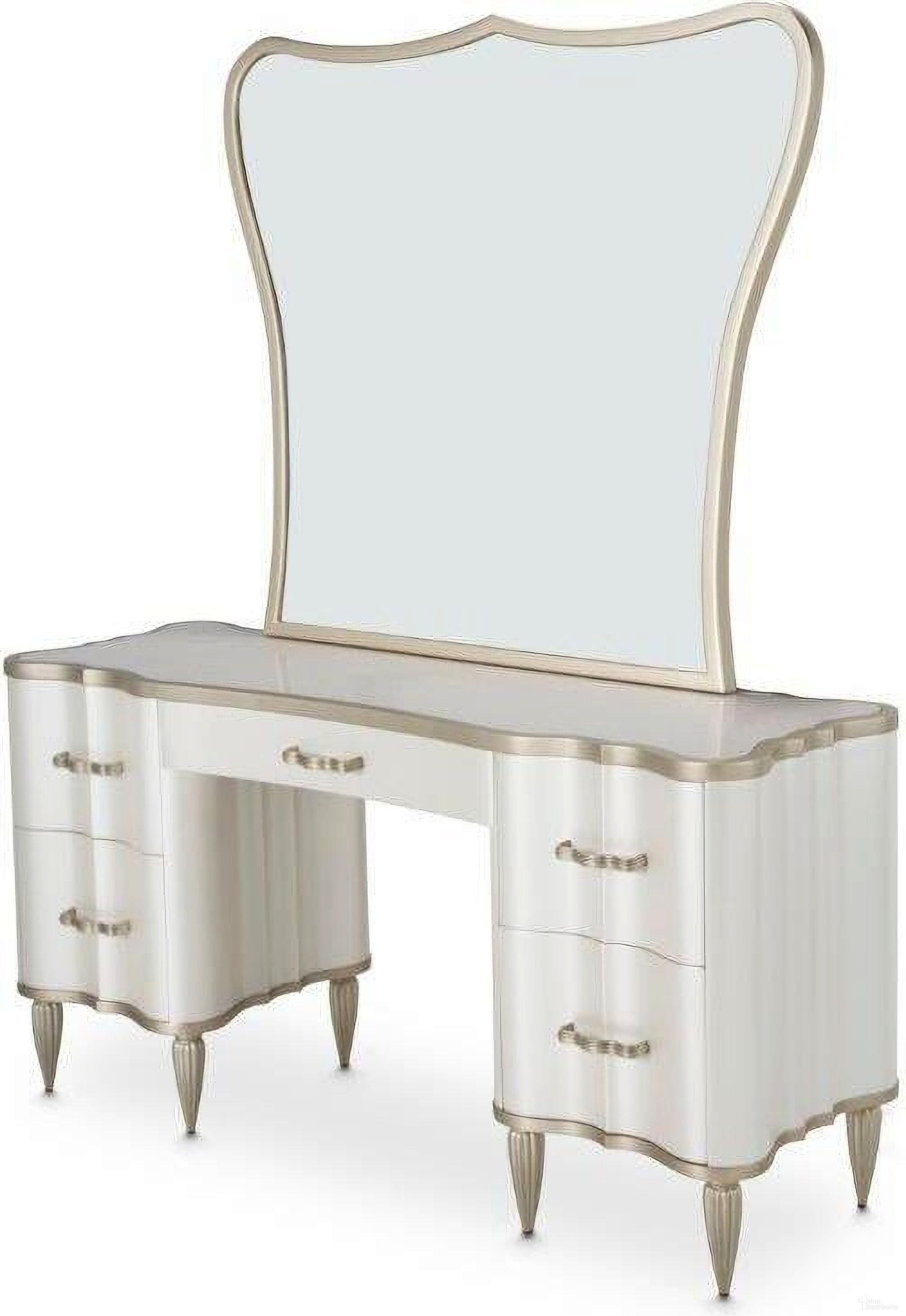 The appearance of London Place Vanity With Mirror In Creamy Pearl designed by Michael Amini in the transitional interior design. This creamy pearl piece of furniture  was selected by 1StopBedrooms from London Collection to add a touch of cosiness and style into your home. Sku: N9004058-112;N9004068-112. Material: Marble.