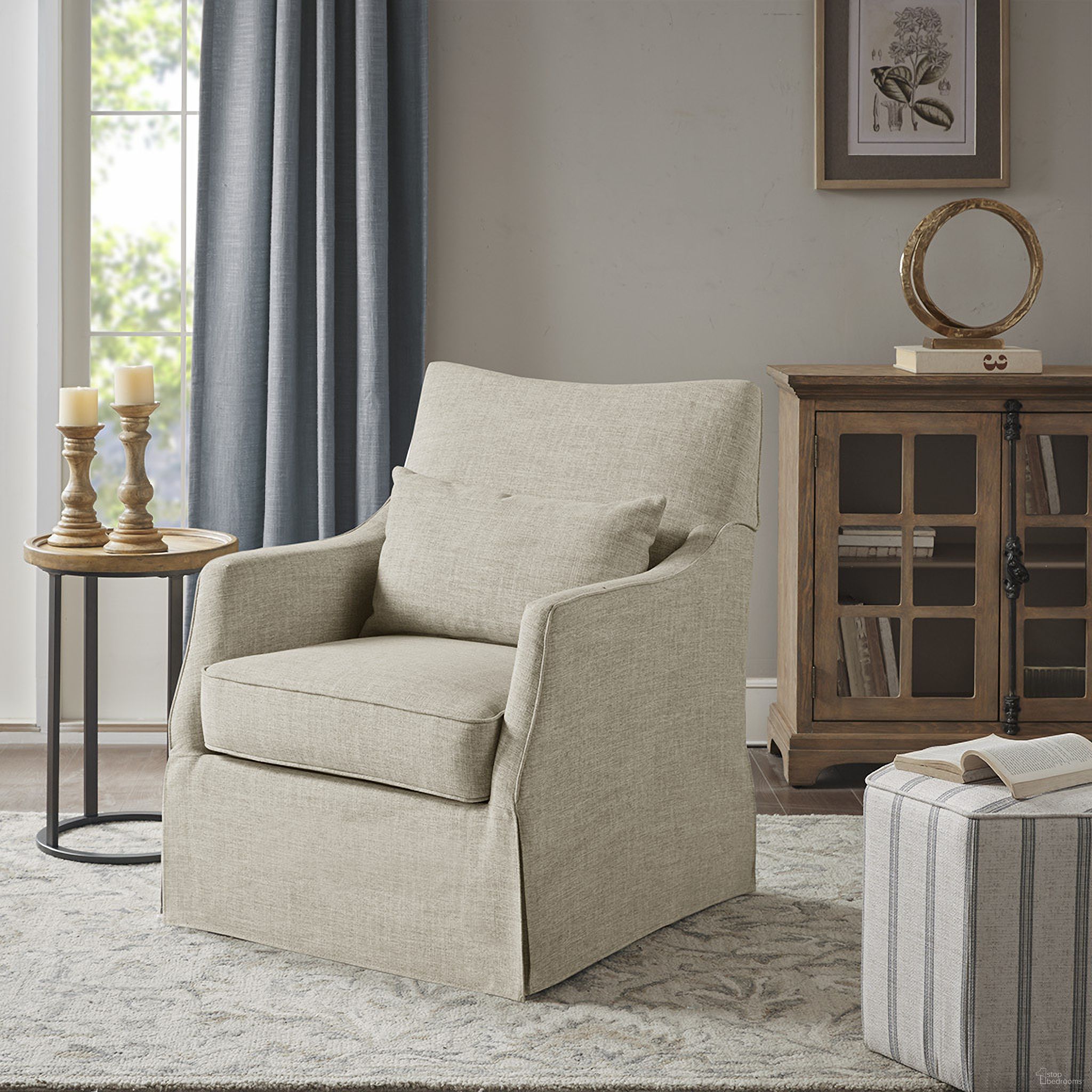 The appearance of London Skirted Swivel Chair In Beige Multi designed by Olliix in the country / farmhouse interior design. This beige multi piece of furniture  was selected by 1StopBedrooms from London Collection to add a touch of cosiness and style into your home. Sku: MT103-1199. Material: Polyester.