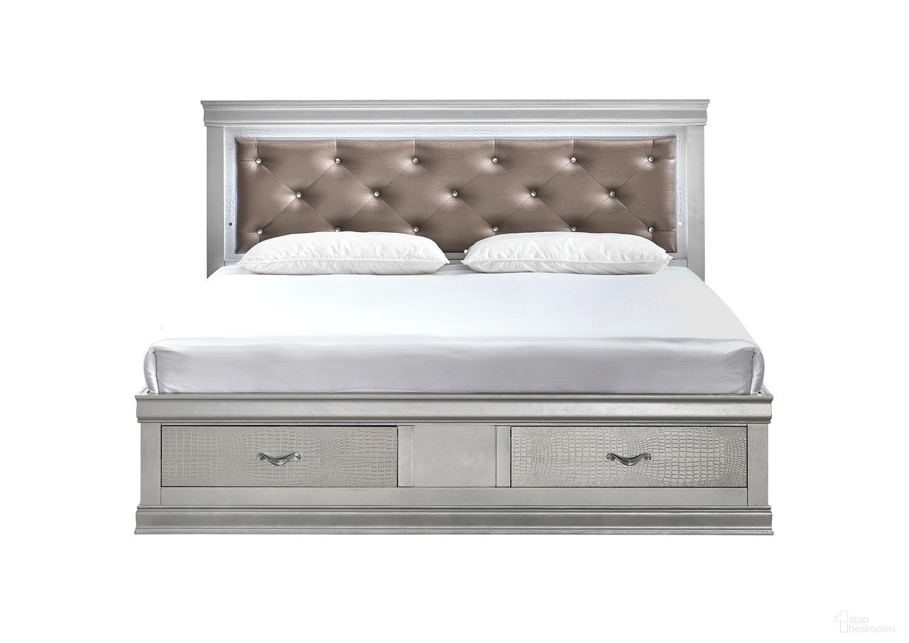 The appearance of Lorana LED Storage Platform King Bed in Silver Champagne designed by Glory in the modern / contemporary interior design. This silver champagne piece of furniture  was selected by 1StopBedrooms from Lorana Collection to add a touch of cosiness and style into your home. Sku: G6500D-KSB2 Box 1;G6500D-KSB2 Box 2;G6500D-KSB2 Box 3;G6500D-KSB2 Box 4;G6500D-KSB2 Box 5. Bed Type: Platform Bed. Material: Wood. Bed Size: King.