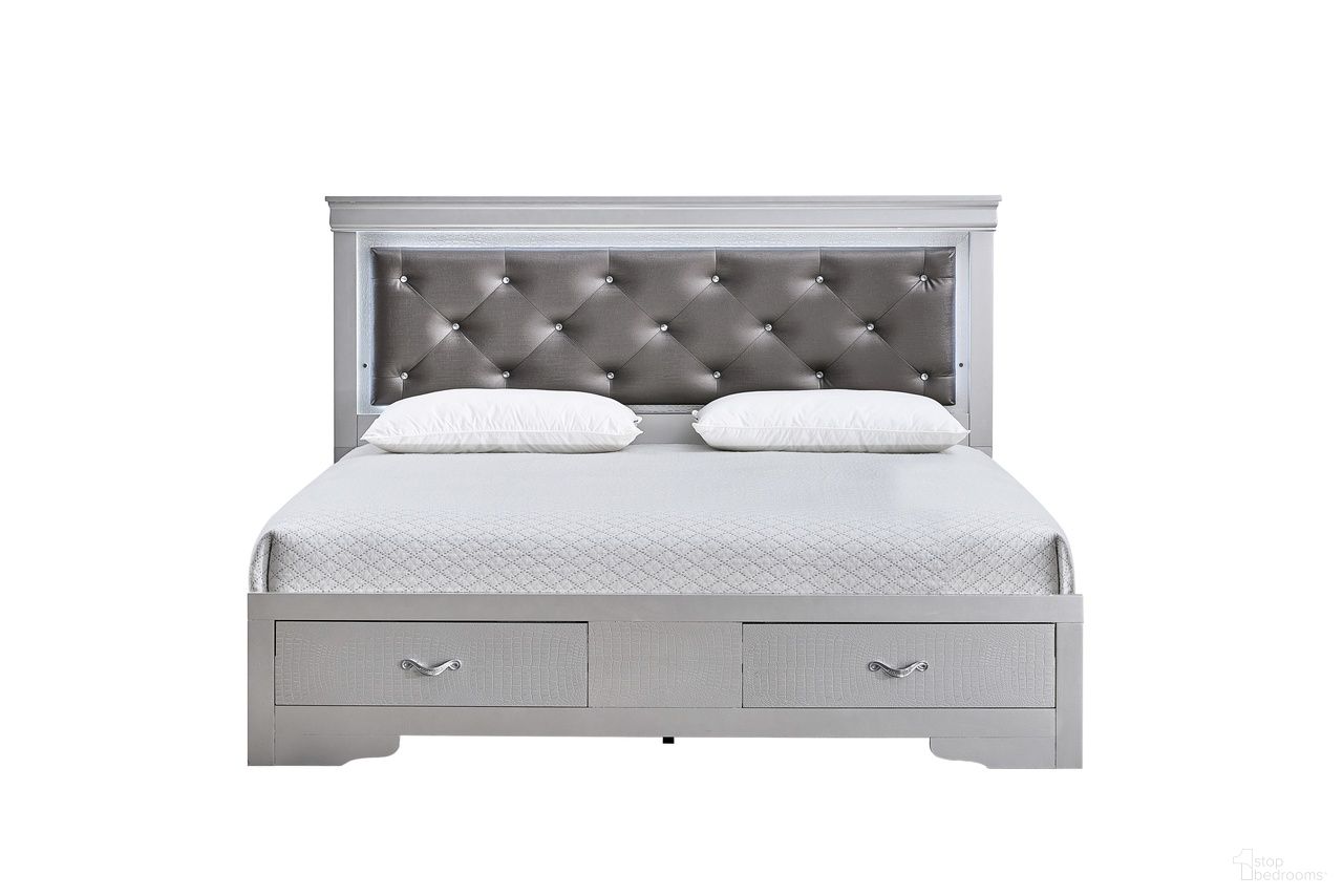 The appearance of Lorana LED Storage Platform Queen Bed in Silver Champagne designed by Glory in the modern / contemporary interior design. This silver champagne piece of furniture  was selected by 1StopBedrooms from Lorana Collection to add a touch of cosiness and style into your home. Sku: G6500D-QSB2 Box 1;G6500D-QSB2 Box 2;G6500D-QSB2 Box 3;G6500D-QSB2 Box 4;G6500D-QSB2 Box 5. Bed Type: Platform Bed. Material: Wood. Bed Size: Queen.