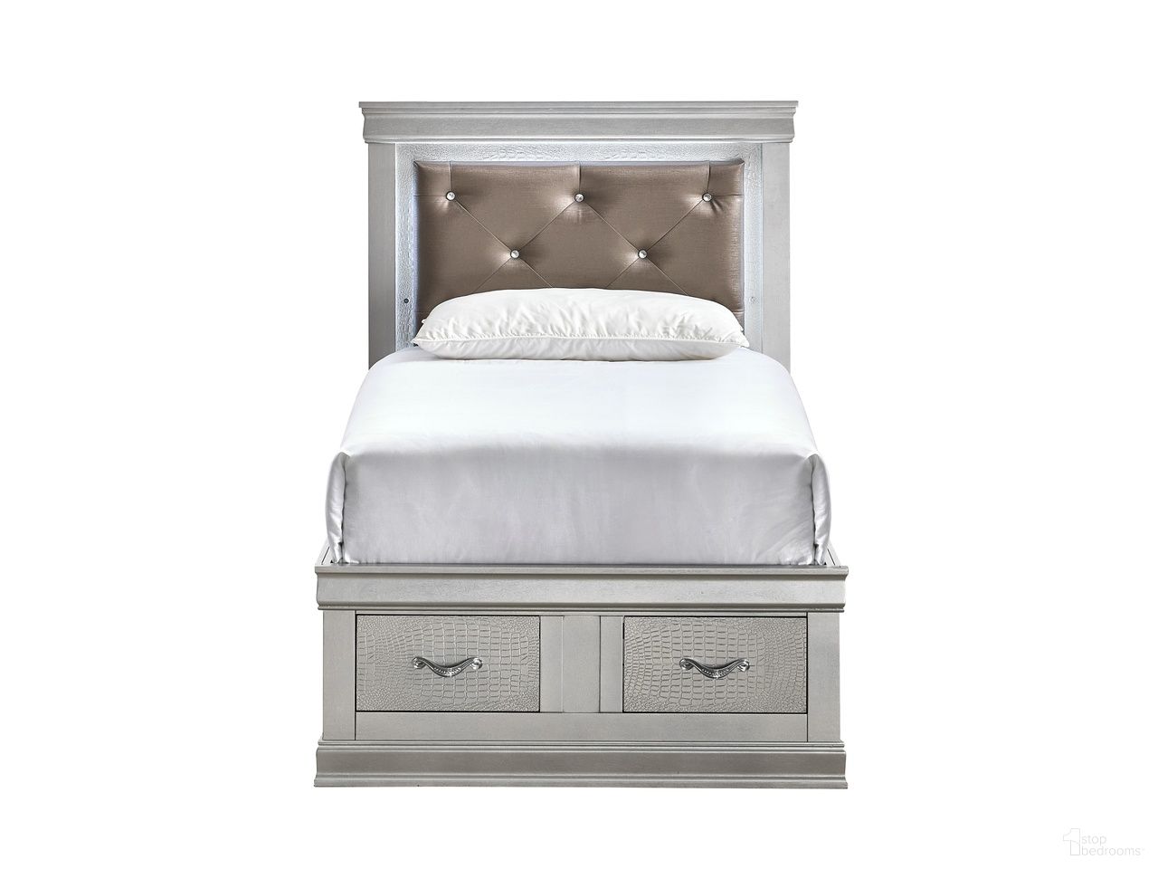 The appearance of Lorana LED Storage Platform Twin Bed in Silver Champagne designed by Glory in the modern / contemporary interior design. This silver champagne piece of furniture was selected by 1StopBedrooms from Lorana Collection to add a touch of cosiness and style into your home. Sku: G6500D-TSB2 Box 1;G6500D-TSB2 Box 2;G6500D-TSB2 Box 3;G6500D-TSB2 Box 4;G6500D-TSB2 Box 5. Bed Type: Platform Bed. Material: Wood. Bed Size: Twin.