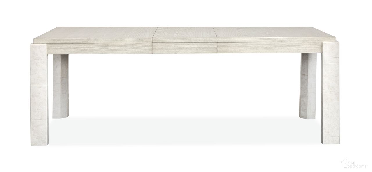 The appearance of Lorelei Extendable Rectangular Dining Table In Misty Cloud designed by Magnussen in the transitional interior design. This misty cloud piece of furniture was selected by 1StopBedrooms from Lorelei Collection to add a touch of cosiness and style into your home. Sku: D5893-20. Table Base Style: Legs. Table Top Shape: Rectangular. Size: 68" x 44". Material: Pine Veneer.