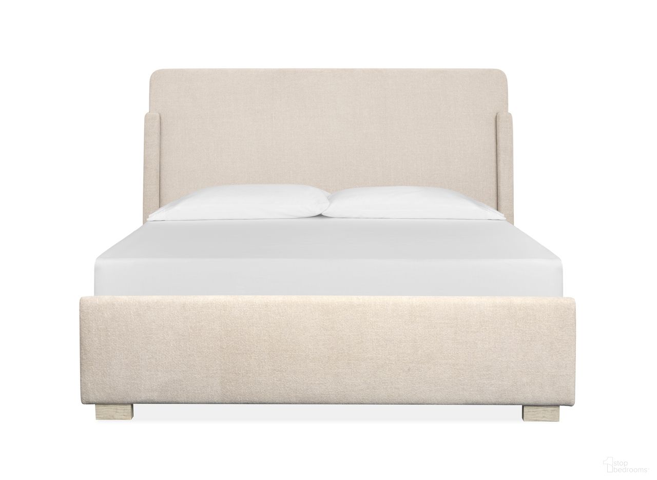 The appearance of Lorelei Queen Upholstered Sleigh Bed In Misty Cloud designed by Magnussen in the transitional interior design. This misty cloud piece of furniture  was selected by 1StopBedrooms from Lorelei Collection to add a touch of cosiness and style into your home. Sku: B5893-52H;B5893-52F;B5893-52R. Bed Size: Queen. Material: Pine Veneer. Bed Type: Upholstered Bed.