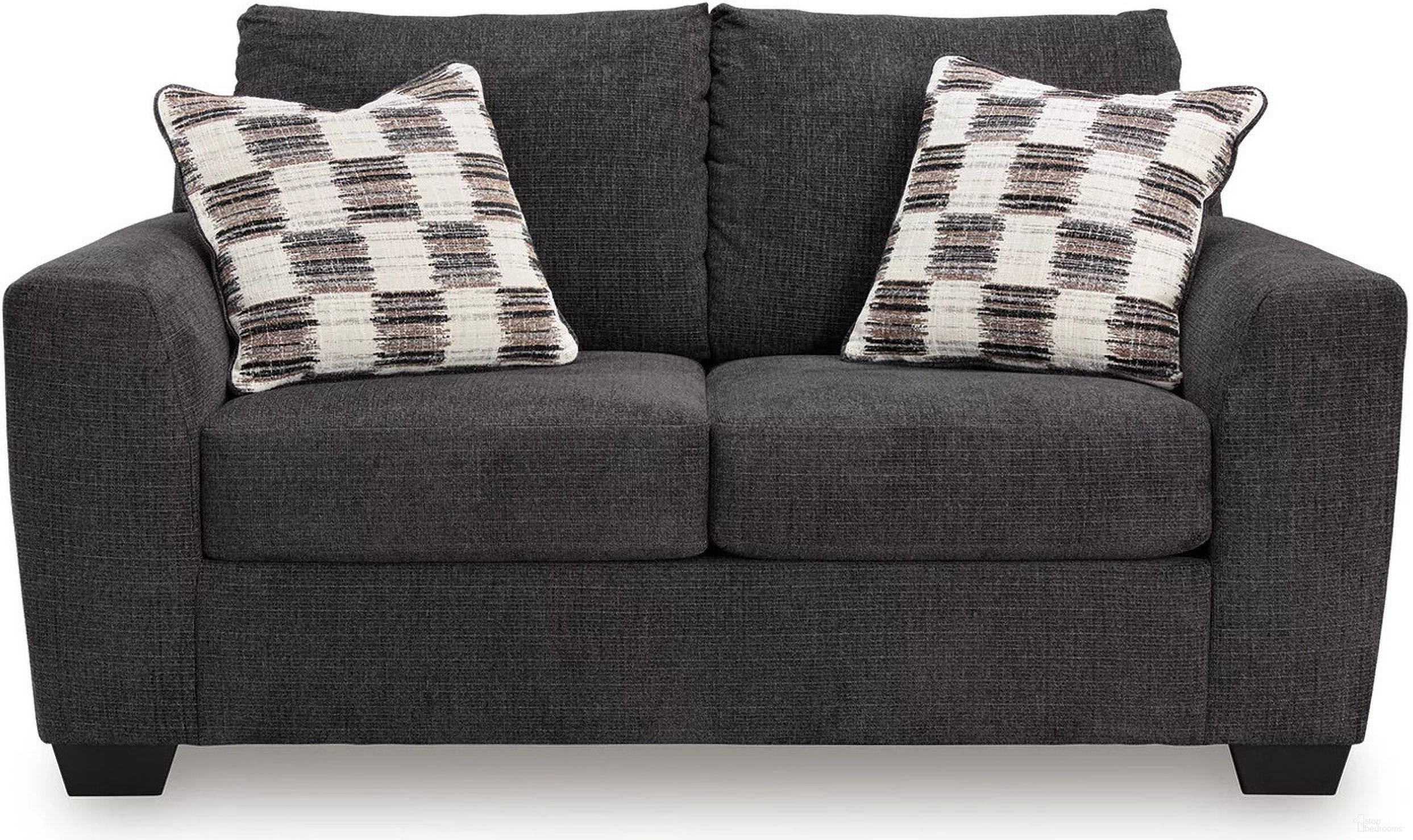 The appearance of Loreo Loveseat In Ebony designed by Signature Design by Ashley in the modern / contemporary interior design. This ebony piece of furniture  was selected by 1StopBedrooms from Loreo Collection to add a touch of cosiness and style into your home. Sku: 6310135. Material: Polyester.