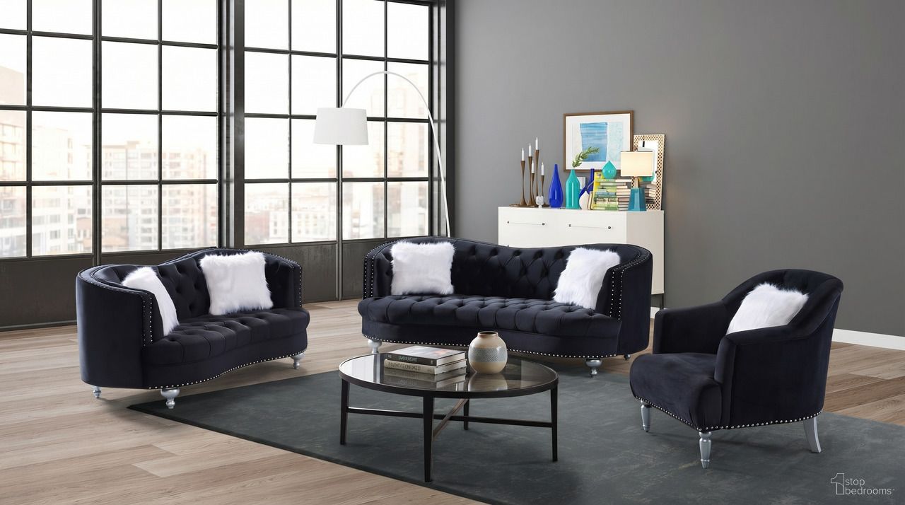 The appearance of Lori Black Velvet Tuxedo Arm Living Room Set designed by Premier Home in the modern / contemporary interior design. This black piece of furniture  was selected by 1StopBedrooms from Lori Collection to add a touch of cosiness and style into your home. Sku: FS372-BK-LO;FS372-BK-SO. Material: Velvet.
