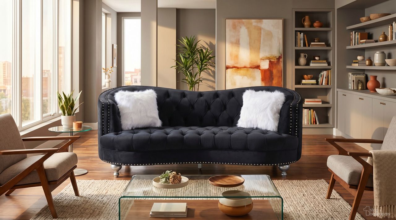 The appearance of Lori Black Velvet Tuxedo Arm Sofa designed by Premier Home in the modern / contemporary interior design. This black piece of furniture was selected by 1StopBedrooms from Lori Collection to add a touch of cosiness and style into your home. Sku: FS372-BK-SO. Material: Velvet.