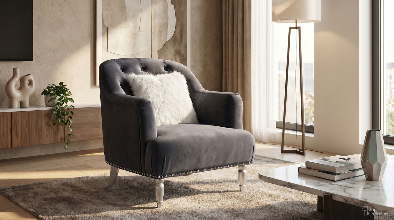 The appearance of Lori Grey Velvet Tuxedo Arm Chair designed by Premier Home in the modern / contemporary interior design. This grey piece of furniture  was selected by 1StopBedrooms from Lori Collection to add a touch of cosiness and style into your home. Sku: FS372-GR-AR. Material: Velvet.