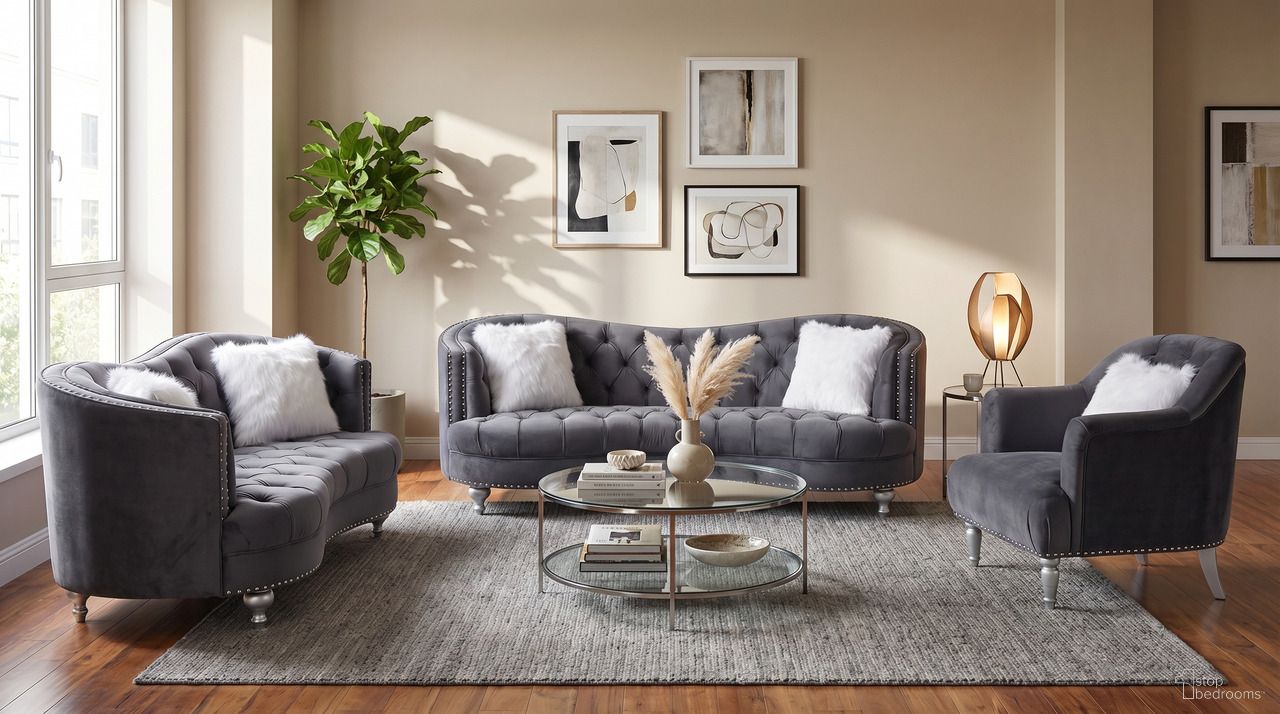 The appearance of Lori Grey Velvet Tuxedo Arm Living Room Set designed by Premier Home in the modern / contemporary interior design. This grey piece of furniture  was selected by 1StopBedrooms from Lori Collection to add a touch of cosiness and style into your home. Sku: FS372-GR-SO;FS372-GR-LO. Material: Velvet.