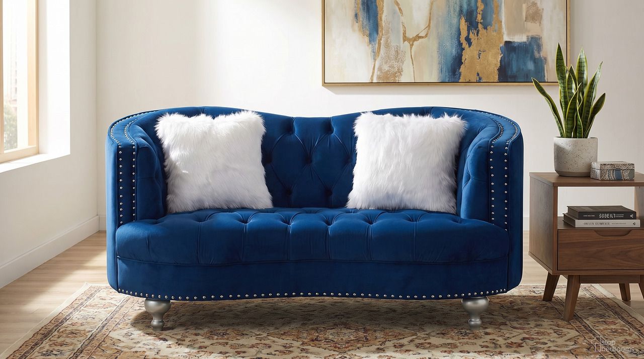 The appearance of Lori Navy Velvet Tuxedo Arm Loveseat designed by Premier Home in the modern / contemporary interior design. This navy piece of furniture was selected by 1StopBedrooms from Lori Collection to add a touch of cosiness and style into your home. Sku: FS372-NA-LO. Material: Velvet.