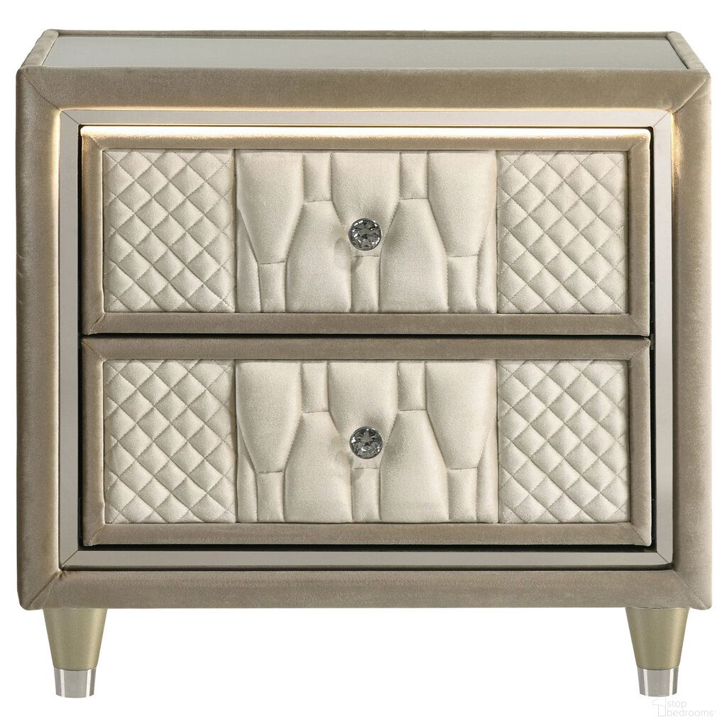 The appearance of Lorient 2-Drawer LED Nightstand with USB In Ivory and Camel designed by Coaster in the traditional interior design. This ivory and camel piece of furniture was selected by 1StopBedrooms from Lorient Collection to add a touch of cosiness and style into your home. Sku: 222662. Material: Fabric.