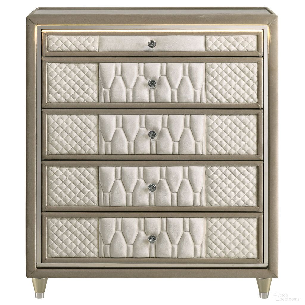 The appearance of Lorient 5-Drawer LED Chest of Drawers In Ivory and Camel designed by Coaster in the traditional interior design. This ivory and camel piece of furniture was selected by 1StopBedrooms from Lorient Collection to add a touch of cosiness and style into your home. Sku: 222665. Material: MDF.