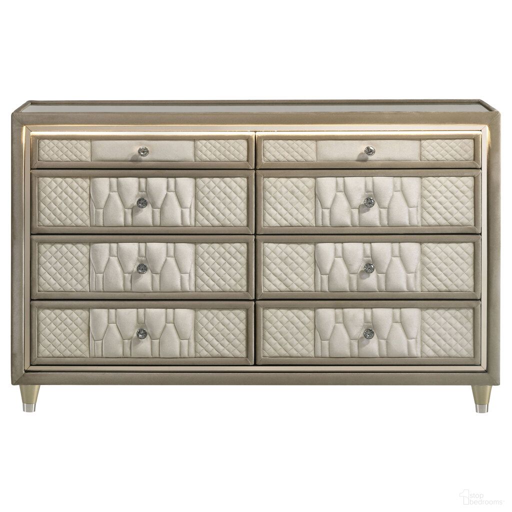 The appearance of Lorient 8-Drawer LED Bedroom Dresser Cabinet In Ivory and Camel designed by Coaster in the traditional interior design. This ivory and camel piece of furniture was selected by 1StopBedrooms from Lorient Collection to add a touch of cosiness and style into your home. Sku: 222663. Material: Fabric.