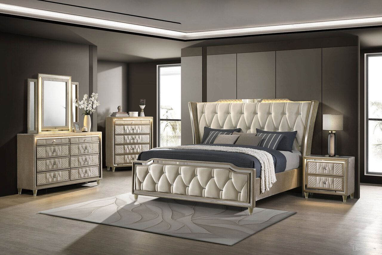 The appearance of Lorient LED Upholstered Wingback Bedroom Set In Ivory and Camel designed by Coaster in the traditional interior design. This ivory and camel piece of furniture was selected by 1StopBedrooms from Lorient Collection to add a touch of cosiness and style into your home. Sku: 222661QB1;222661QB2;222661QB3;222661QB4;222662. Bed Size: King. Material: Acrylic.