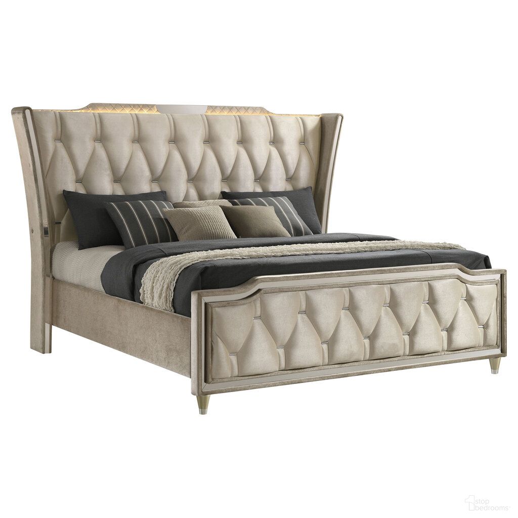 The appearance of Lorient Queen LED Upholstered Wingback Bed In Ivory and Camel designed by Coaster in the traditional interior design. This ivory and camel piece of furniture was selected by 1StopBedrooms from Lorient Collection to add a touch of cosiness and style into your home. Sku: 222661QB1;222661QB2;222661QB3;222661QB4. Bed Size: Queen. Material: Acrylic. Bed Type: Upholstered Bed.