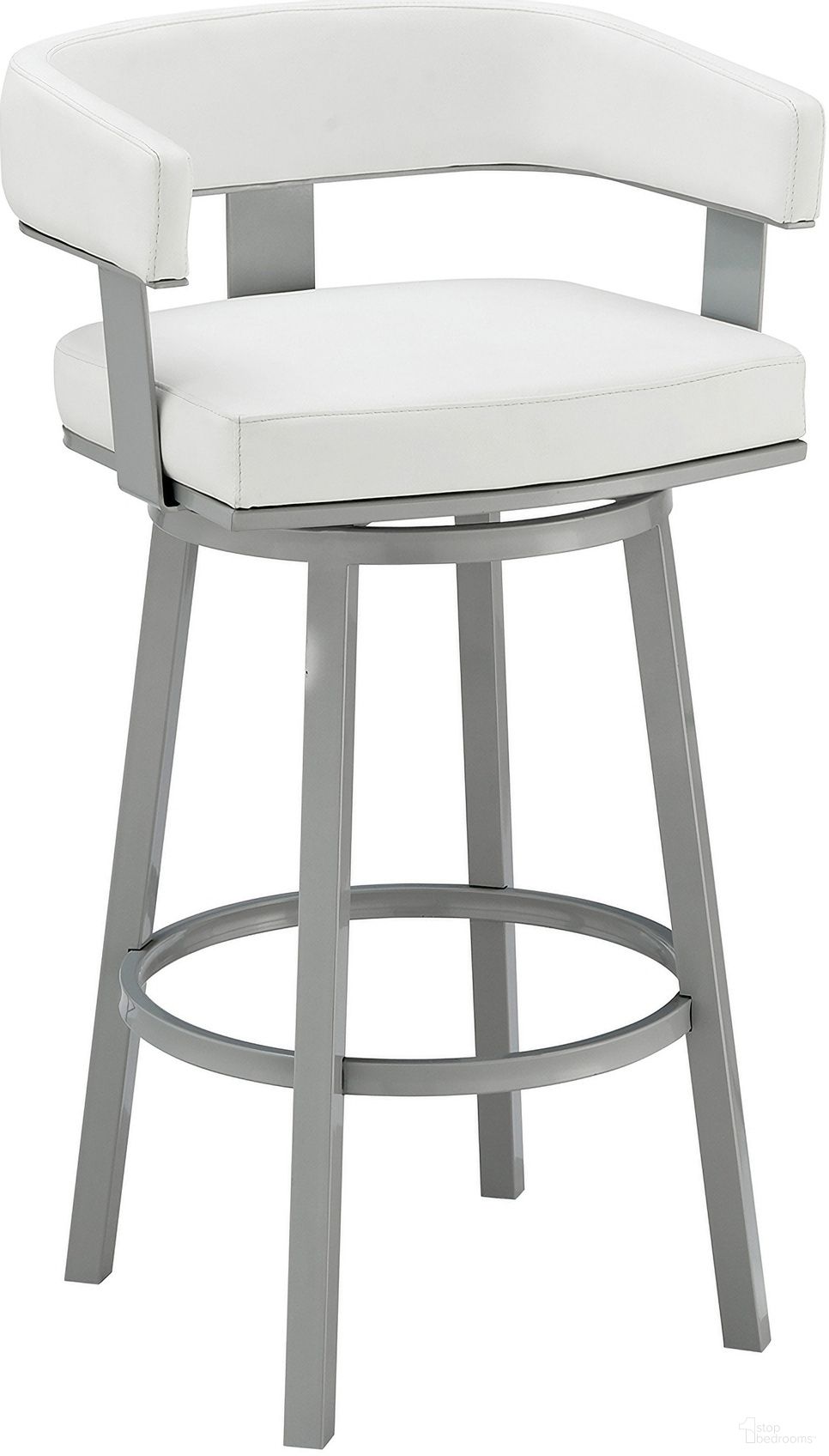 Lorin 26 Inch Counter Height Swivel Bar Stool In Silver Finish with White Faux Leather