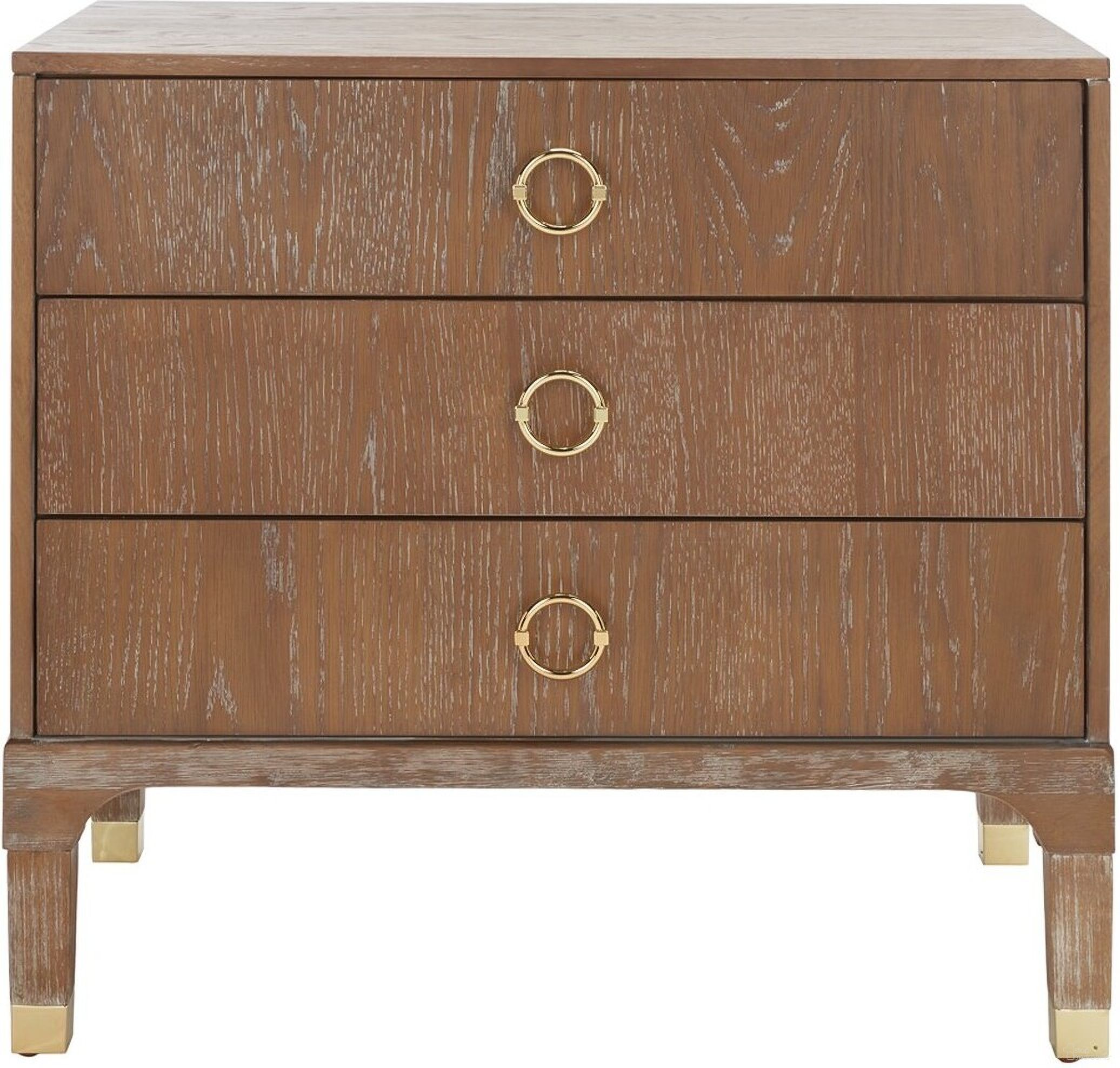 The appearance of Lorna 3 Drawer Contemporary Night Stand In Gold designed by Safavieh in the modern / contemporary interior design. This gold piece of furniture  was selected by 1StopBedrooms from Lorna Collection to add a touch of cosiness and style into your home. Sku: FOX6232D. Material: Iron.