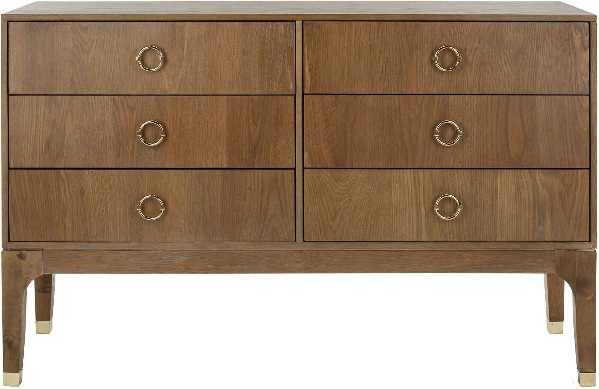 The appearance of Lorna Contemporary Dresser In Rustic Oak and Gold designed by Safavieh Couture in the modern / contemporary interior design. This rustic oak and gold piece of furniture was selected by 1StopBedrooms from Lorna Collection to add a touch of cosiness and style into your home. Sku: SFV2104B. Material: Wood.