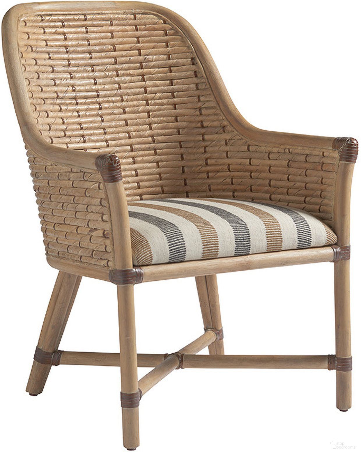 The appearance of Los Altos Keeling Woven Arm Chair In Stripe designed by Tommy Bahama in the traditional interior design. This stripe piece of furniture was selected by 1StopBedrooms from Los Altos Collection to add a touch of cosiness and style into your home. Sku: 566-883-40. Material: Metal.