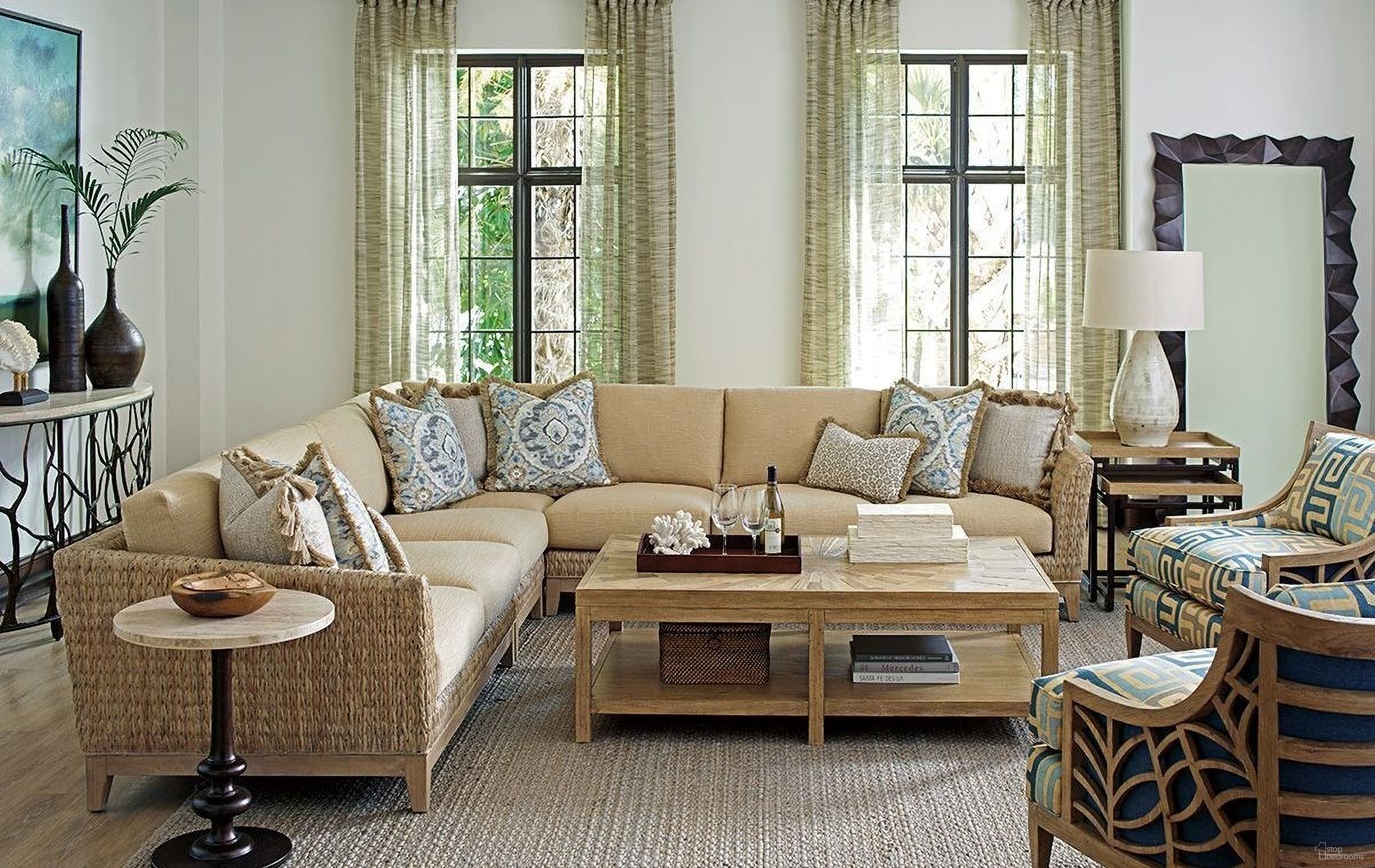 The appearance of Los Altos Newcastle Ducane Rectangular Occasional Table Set designed by Tommy Bahama in the transitional interior design. This newcastle piece of furniture was selected by 1StopBedrooms from Los Altos Collection to add a touch of cosiness and style into your home. Sku: 566-947;566-951C. Material: Metal.