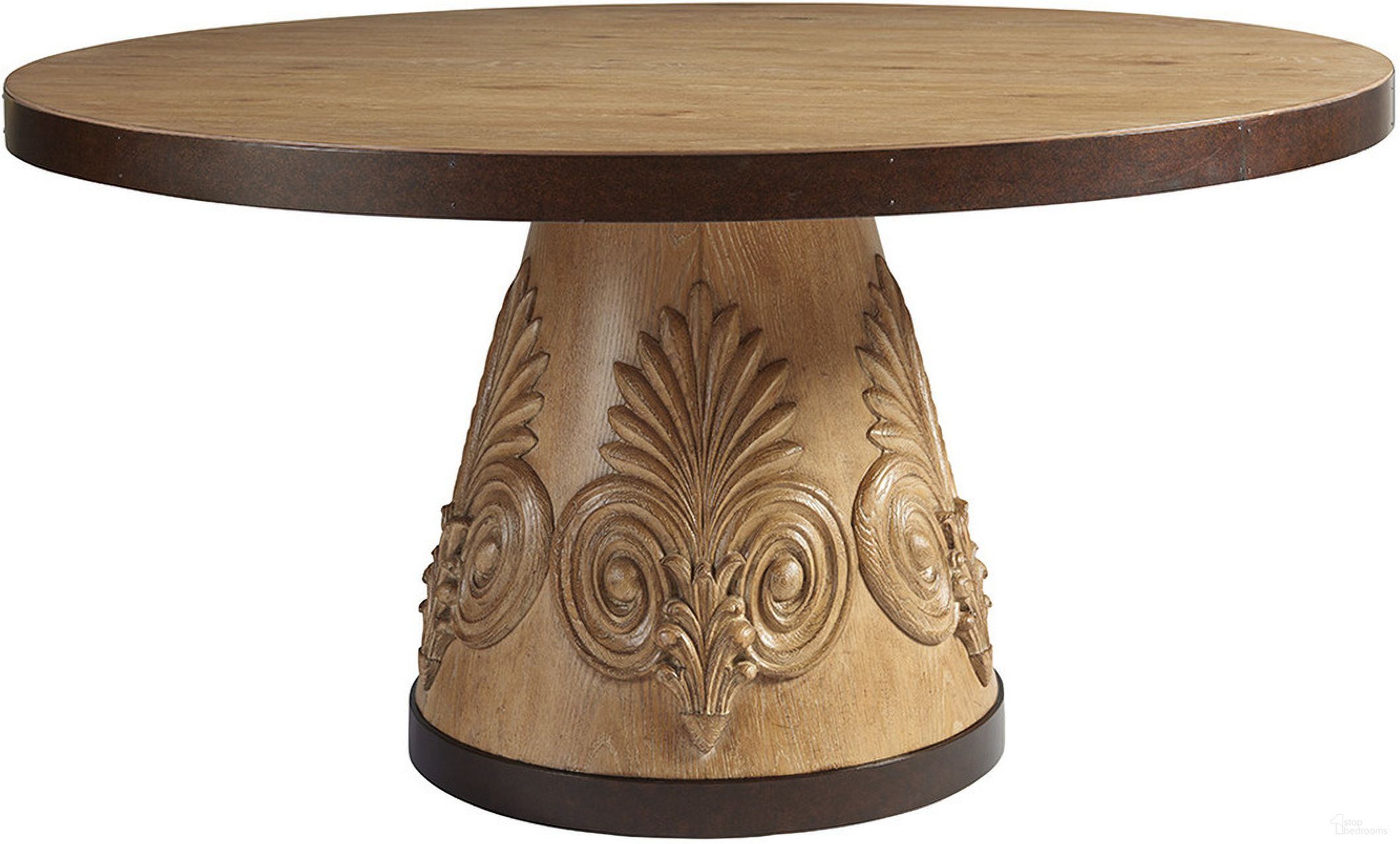 The appearance of Los Altos Weston Round Dining Table In Newcastle designed by Tommy Bahama in the traditional interior design. This newcastle piece of furniture was selected by 1StopBedrooms from Los Altos Collection to add a touch of cosiness and style into your home. Sku: 566-875C. Table Base Style: Pedestal. Table Top Shape: Round. Material: Metal. Size: 60".