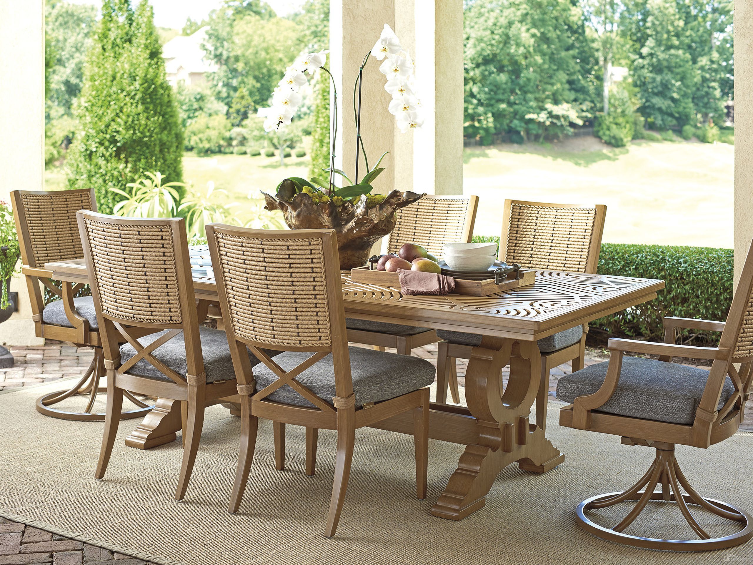 The appearance of Los Altos Valley View Rectangular Dining Room Set In Light Brown designed by Tommy Bahama in the transitional interior design. This light brown piece of furniture was selected by 1StopBedrooms from Los Altos Valley View Collection to add a touch of cosiness and style into your home. Sku: 3930-877C;3930-13-40. Material: Wood. Table Top Shape: Rectangular. Size: 44" x 88".