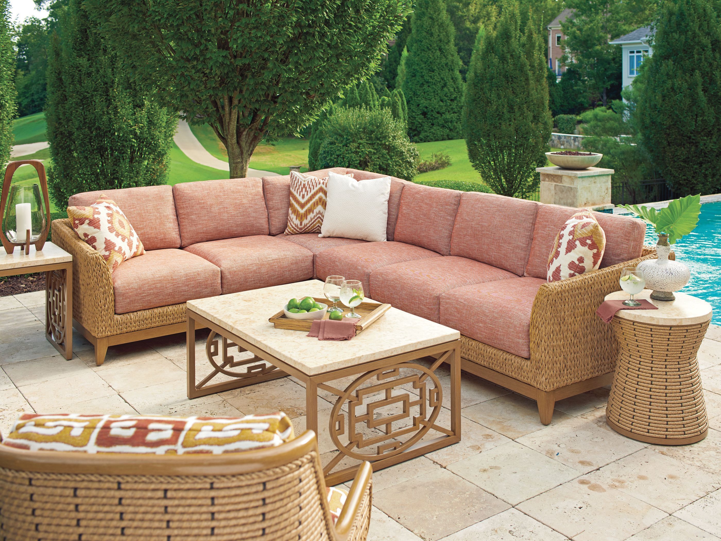 The appearance of Los Altos Valley View Rich Aged Patina Outdoor Rectangular Occasional Table Set designed by Tommy Bahama in the transitional interior design. This light brown piece of furniture was selected by 1StopBedrooms from Los Altos Collection to add a touch of cosiness and style into your home. Sku: 3930-943C;3930-954C. Material: Wood.