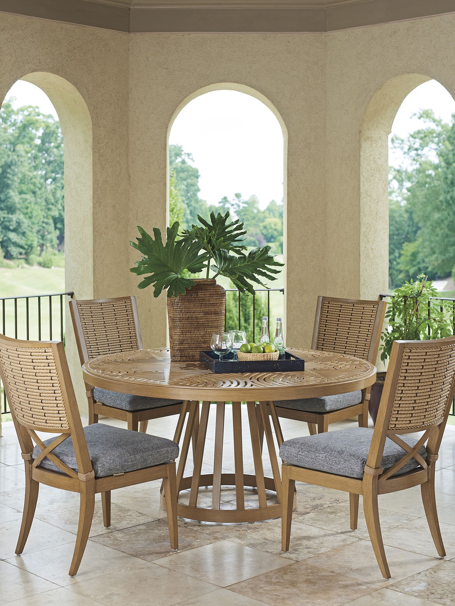 The appearance of Los Altos Valley View Round Dining Room Set In Light Brown designed by Tommy Bahama in the transitional interior design. This light brown piece of furniture was selected by 1StopBedrooms from Los Altos Valley View Collection to add a touch of cosiness and style into your home. Sku: 3930-875C;3930-13-40. Table Top Shape: Round. Material: Wood. Size: 60".