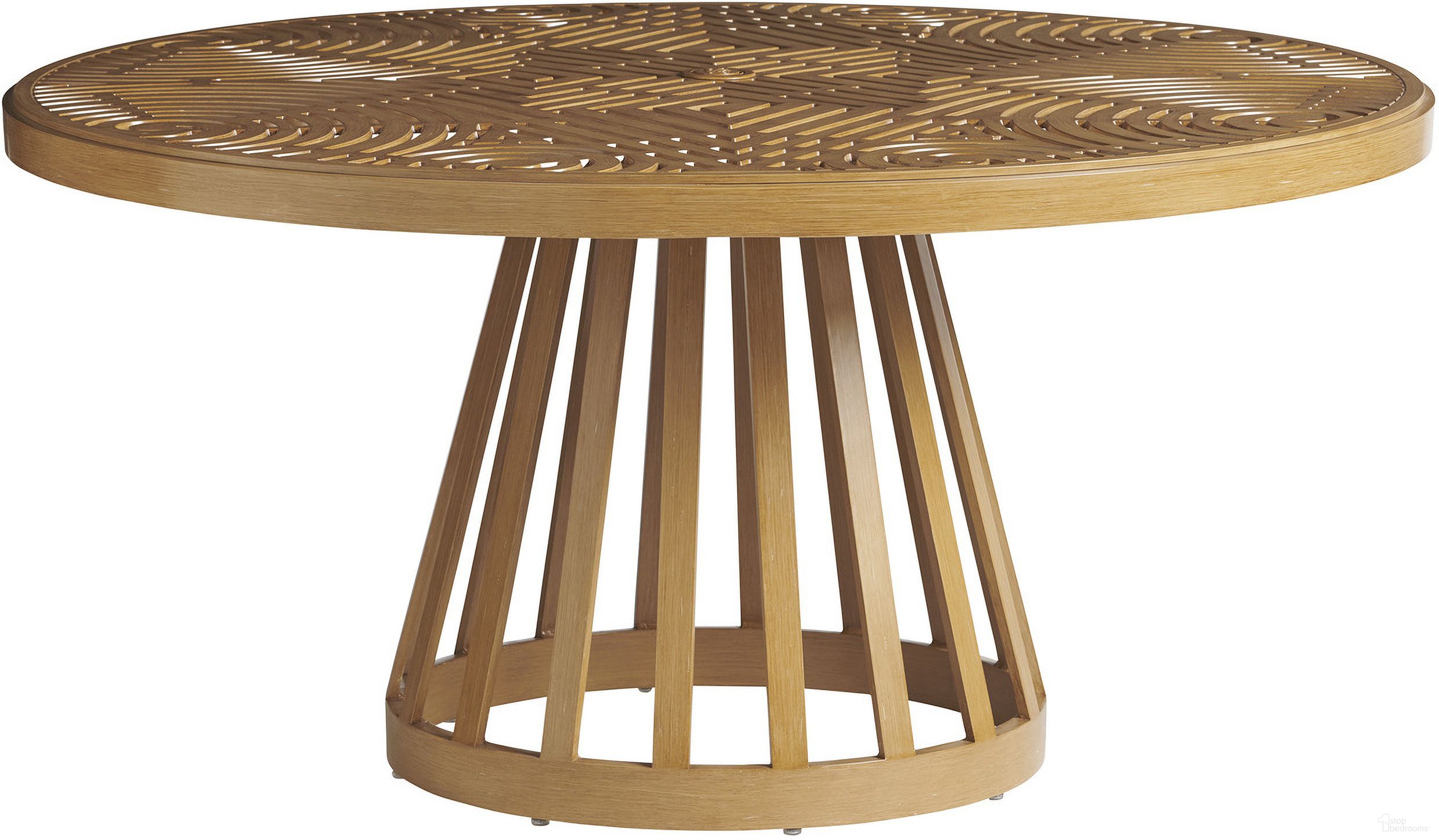 The appearance of Los Altos Valley View Round Dining Table In Light Brown designed by Tommy Bahama in the transitional interior design. This light brown piece of furniture was selected by 1StopBedrooms from Los Altos Valley View Collection to add a touch of cosiness and style into your home. Sku: 3930-875C. Table Base Style: Pedestal. Table Top Shape: Round. Material: Wood. Size: 60".