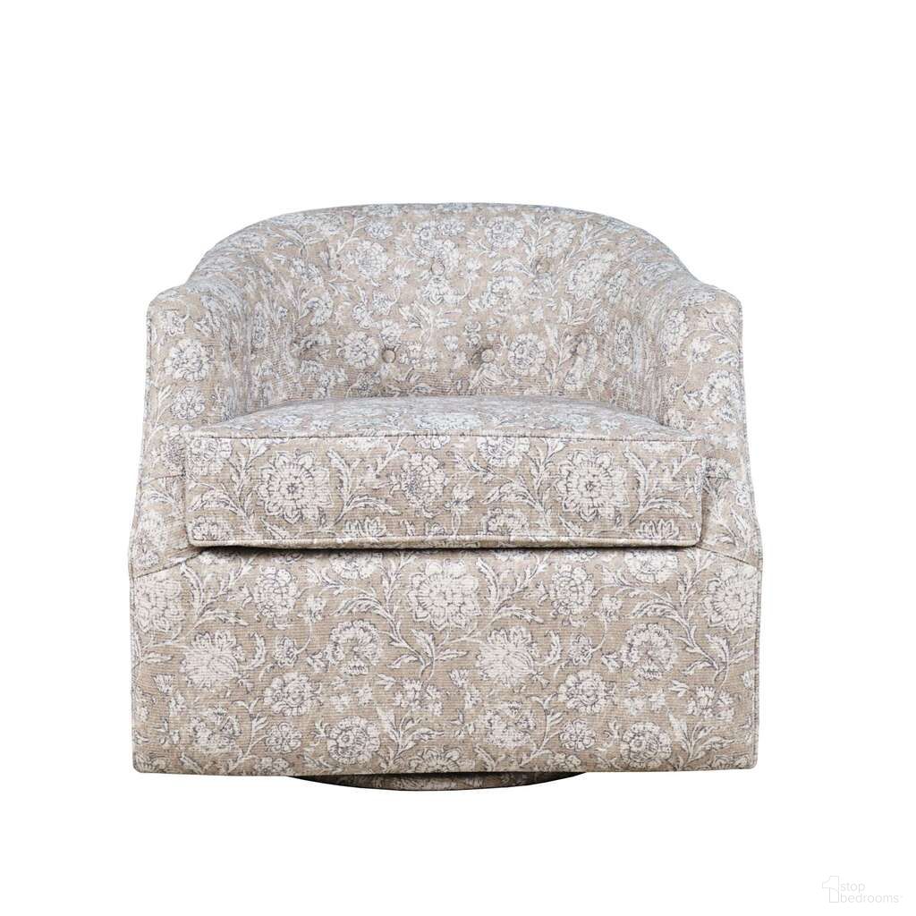 The appearance of Lottie Floral Print Upholstered Barrel Accent Swivel Chair In Sand designed by Jofran in the coastal interior design. This sand piece of furniture was selected by 1StopBedrooms from Lottie Collection to add a touch of cosiness and style into your home. Sku: LOTTIE-SW-SAND. Material: Upholstery.