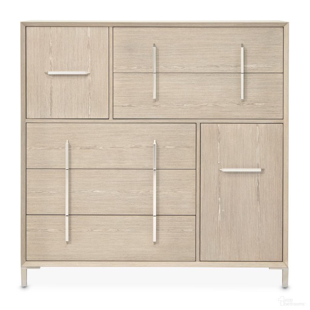 The appearance of Lotus Bay 5-Drawer Chest In Sand designed by Michael Amini in the modern / contemporary interior design. This sand piece of furniture  was selected by 1StopBedrooms from Lotus Bay Collection to add a touch of cosiness and style into your home. Sku: 9030070SA-138. Material: Solid Wood.