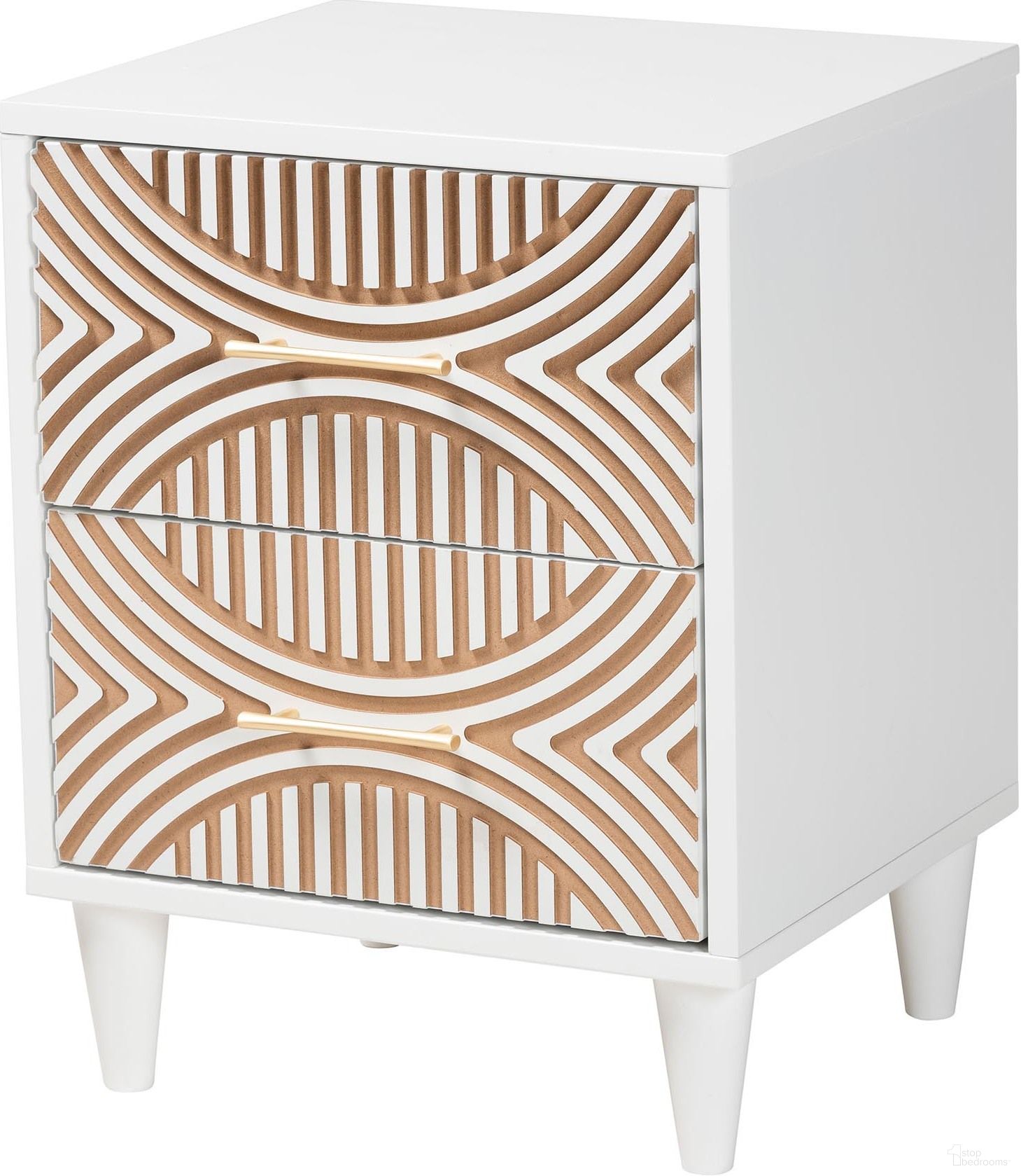 The appearance of Louetta Caved Contrasting 2 Drawer Nightstand In White and Natural Brown designed by Baxton Studio in the coastal interior design. This white/brown piece of furniture was selected by 1StopBedrooms from Louetta Collection to add a touch of cosiness and style into your home. Sku: SW8000-63NS2D-2DW-White-Nightstand. Material: Rubberwood.