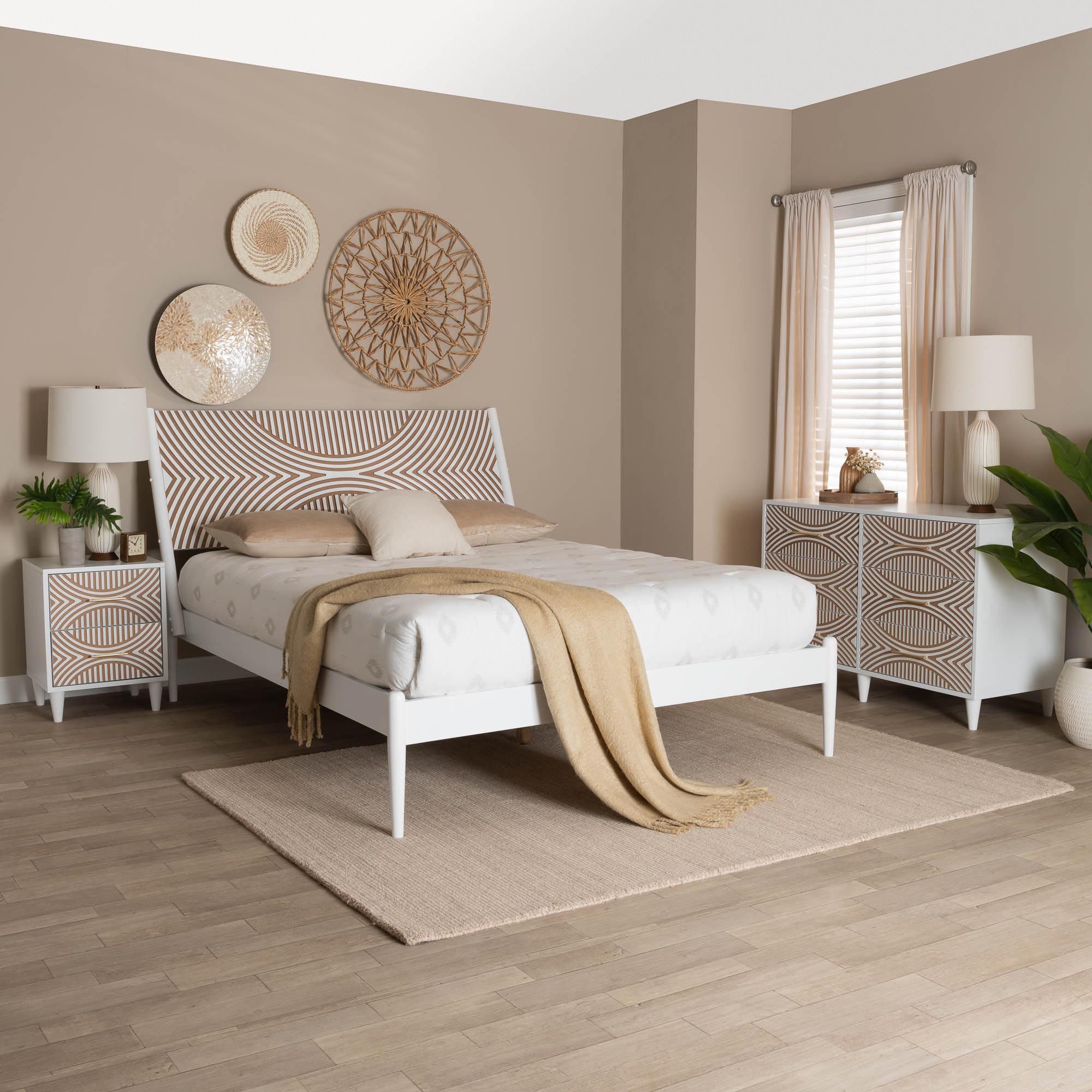 The appearance of Louetta Caved Contrasting 3 Piece Queen Bedroom Set In White and Natural Brown designed by Baxton Studio in the coastal interior design. This white/brown piece of furniture  was selected by 1StopBedrooms from Louetta Collection to add a touch of cosiness and style into your home. Sku: SW8591-White-3PC Queen Bedroom Set. Bed Size: Queen. Material: Rubberwood.