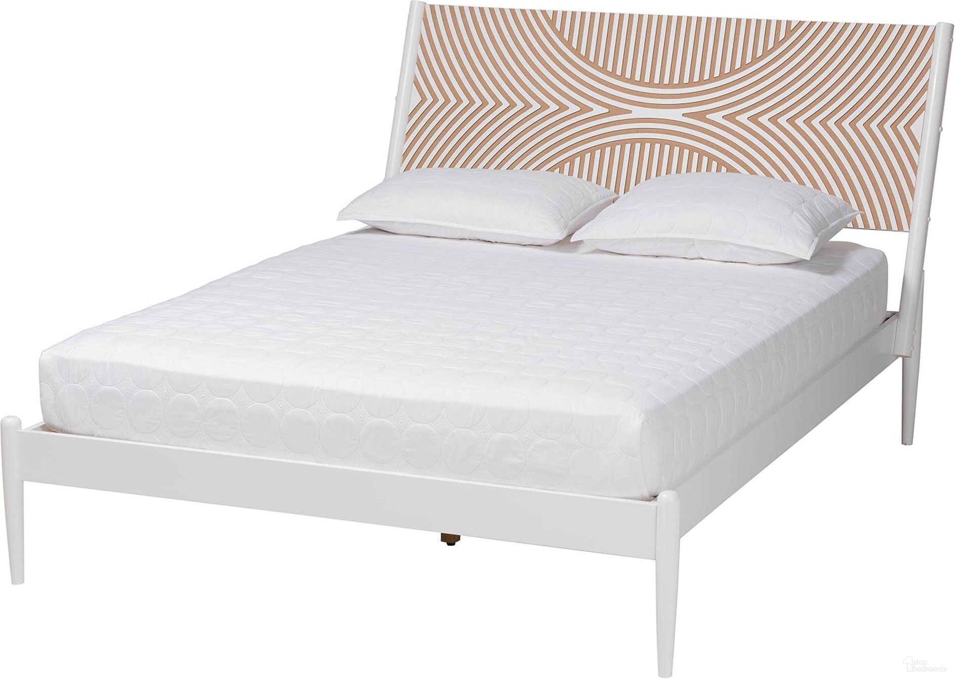 The appearance of Louetta Queen Platform Bed with Carved Contrasting Headboard In White and Natural Brown designed by Baxton Studio in the coastal interior design. This white/brown piece of furniture  was selected by 1StopBedrooms from Louetta Collection to add a touch of cosiness and style into your home. Sku: SW8591-White-Queen. Bed Type: Platform Bed. Bed Size: Queen. Material: Rubberwood.