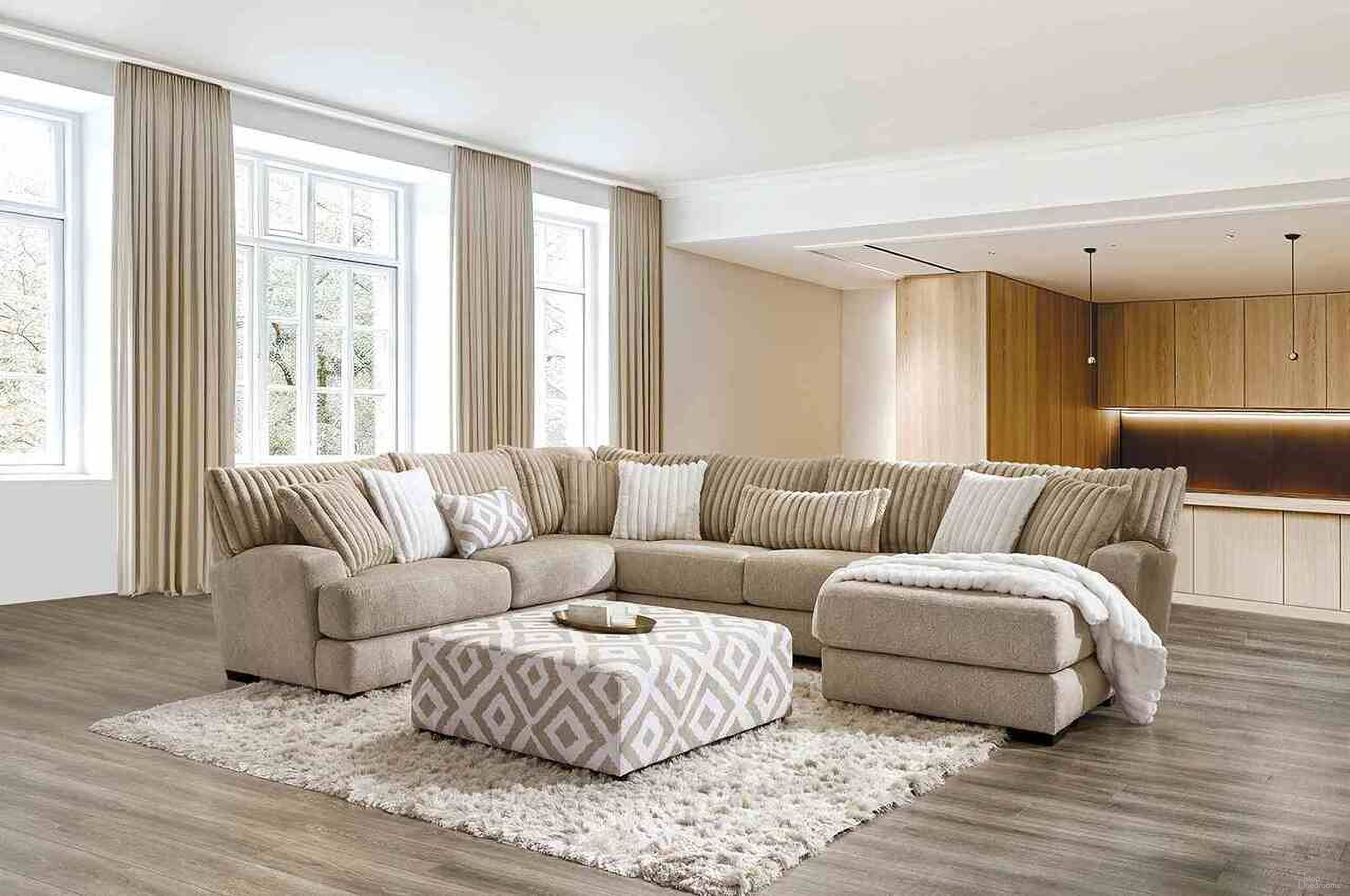 The appearance of Loughton Sectional In Light Brown designed by Furniture of America in the transitional interior design. This light brown piece of furniture  was selected by 1StopBedrooms from Loughton Collection to add a touch of cosiness and style into your home. Sku: SM5194-1;SM5194-2;SM5194-3. Material: Chenille.