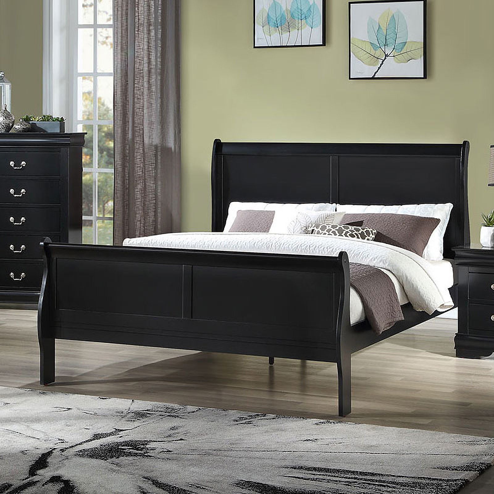 Crown Mark Louis Philip 5pc Sleigh Bedroom Set in Black B3950