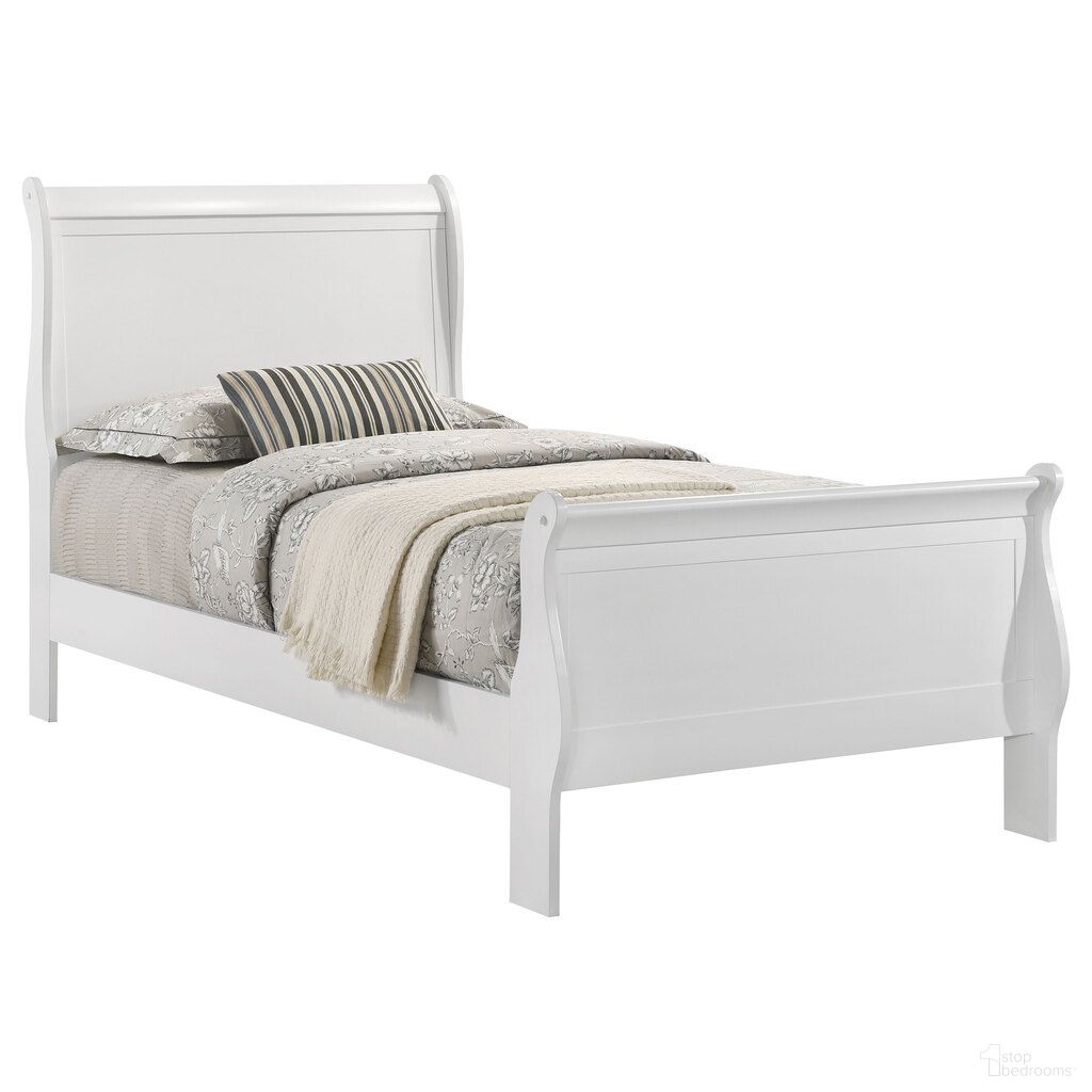 The appearance of Louis Philippe 47 Inch Twin Sleigh Panel Bed In White designed by Coaster in the traditional interior design. This white piece of furniture  was selected by 1StopBedrooms from Louis Philippe Collection to add a touch of cosiness and style into your home. Sku: 202441TB1;202441TB2. Bed Type: Panel Bed. Bed Size: Twin. Material: MDF.