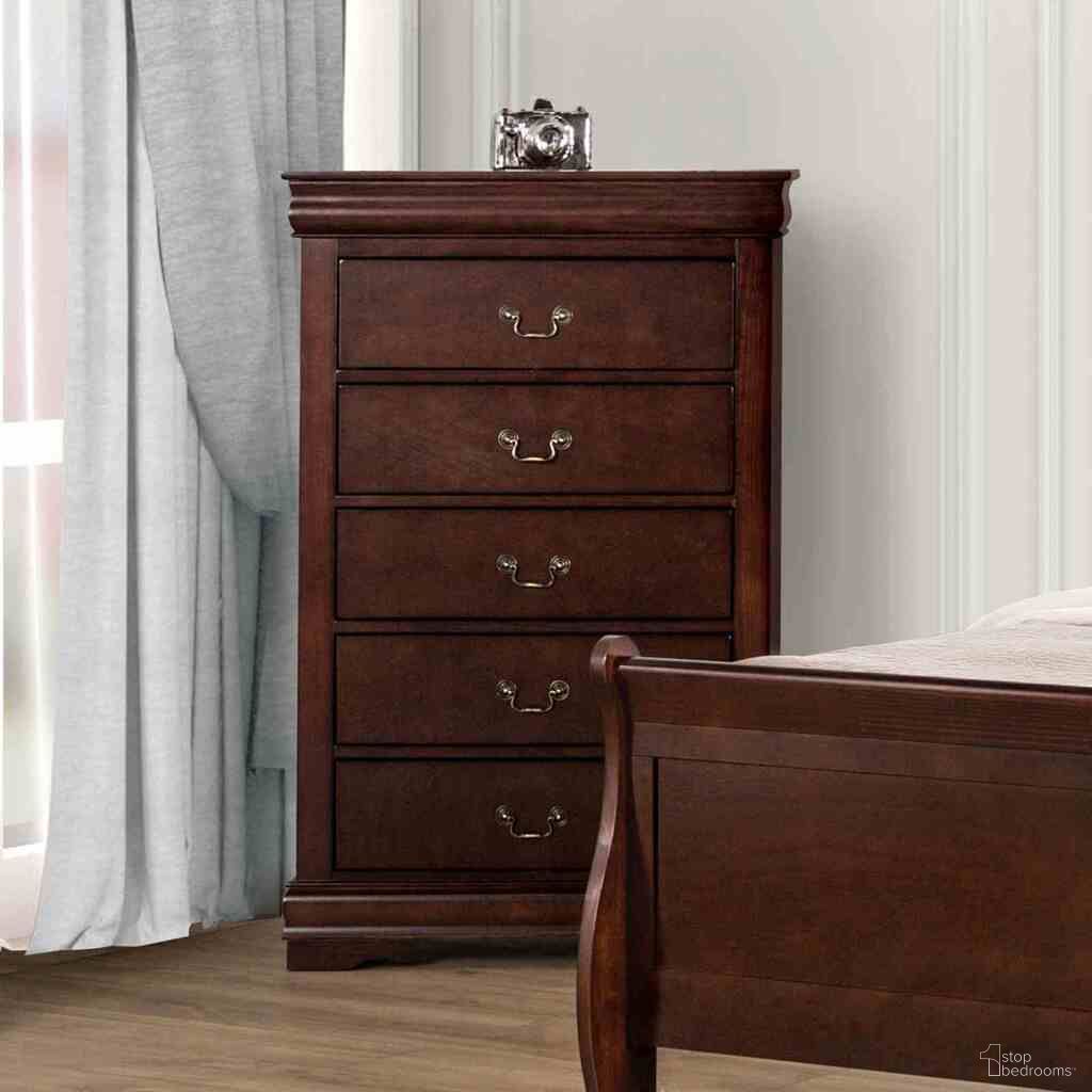 The appearance of Louis Philippe Chest In Dark Cherry designed by Furniture of America in the transitional interior design. This dark cherry piece of furniture was selected by 1StopBedrooms from Louis Philippe Collection to add a touch of cosiness and style into your home. Sku: FM7866CH-C. Material: Solid Wood.