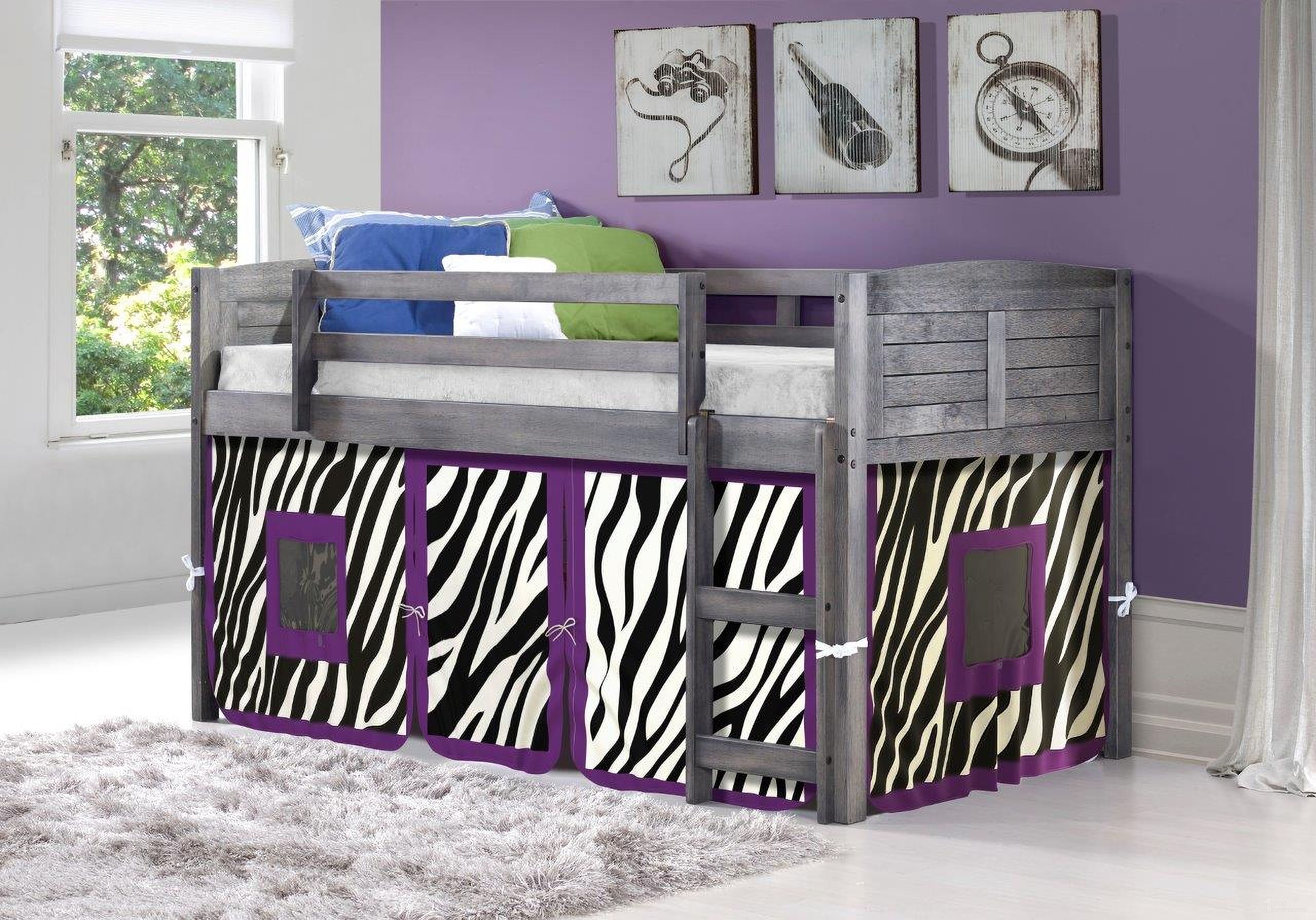 The appearance of Louver Low Loft Antique Grey W/ Zebra Tent Kit designed by DONCO kids in the modern / contemporary interior design. This grey piece of furniture  was selected by 1StopBedrooms from  to add a touch of cosiness and style into your home. Sku: 790-AAG_750C-TZ. Material: Wood. Bed Size: Twin. Bed Type: Loft Bed.