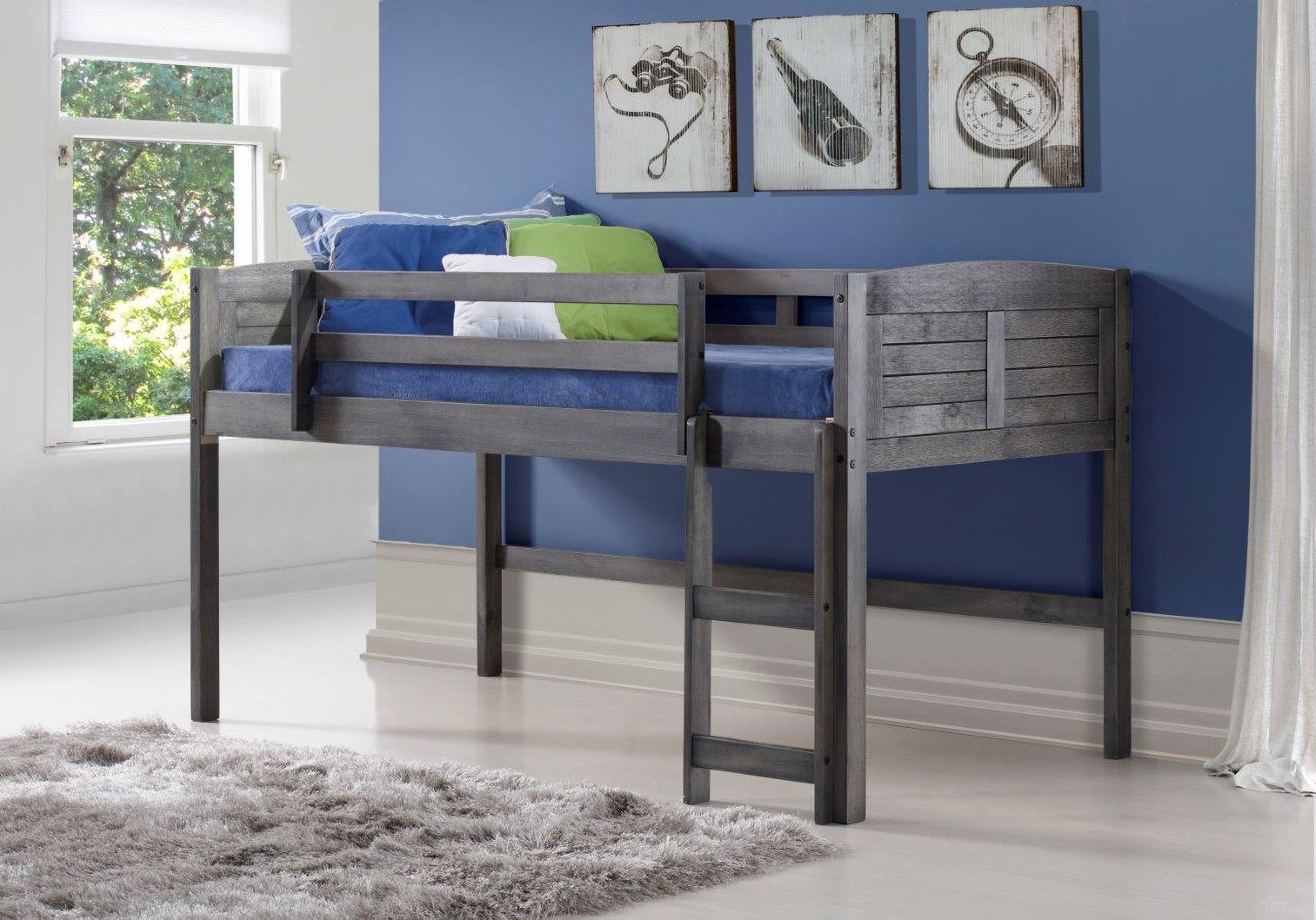 The appearance of Louver Low Loft Hdbd-Ftbd-Rails Antique Grey designed by DONCO kids in the modern / contemporary interior design. This antique grey piece of furniture was selected by 1StopBedrooms from to add a touch of cosiness and style into your home. Sku: 790-AAG. Material: Wood. Bed Size: Twin. Bed Type: Loft Bed.