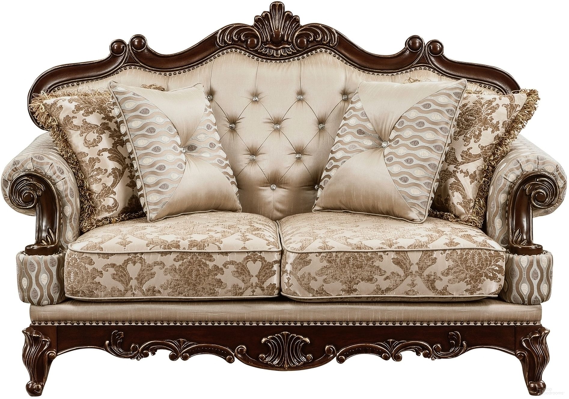 The appearance of Balthasar Loveseat In Cherry designed by Homelegance in the traditional interior design. This cherry piece of furniture was selected by 1StopBedrooms from Balthasar Collection to add a touch of cosiness and style into your home. Sku: 8570-2. Material: Chenille.