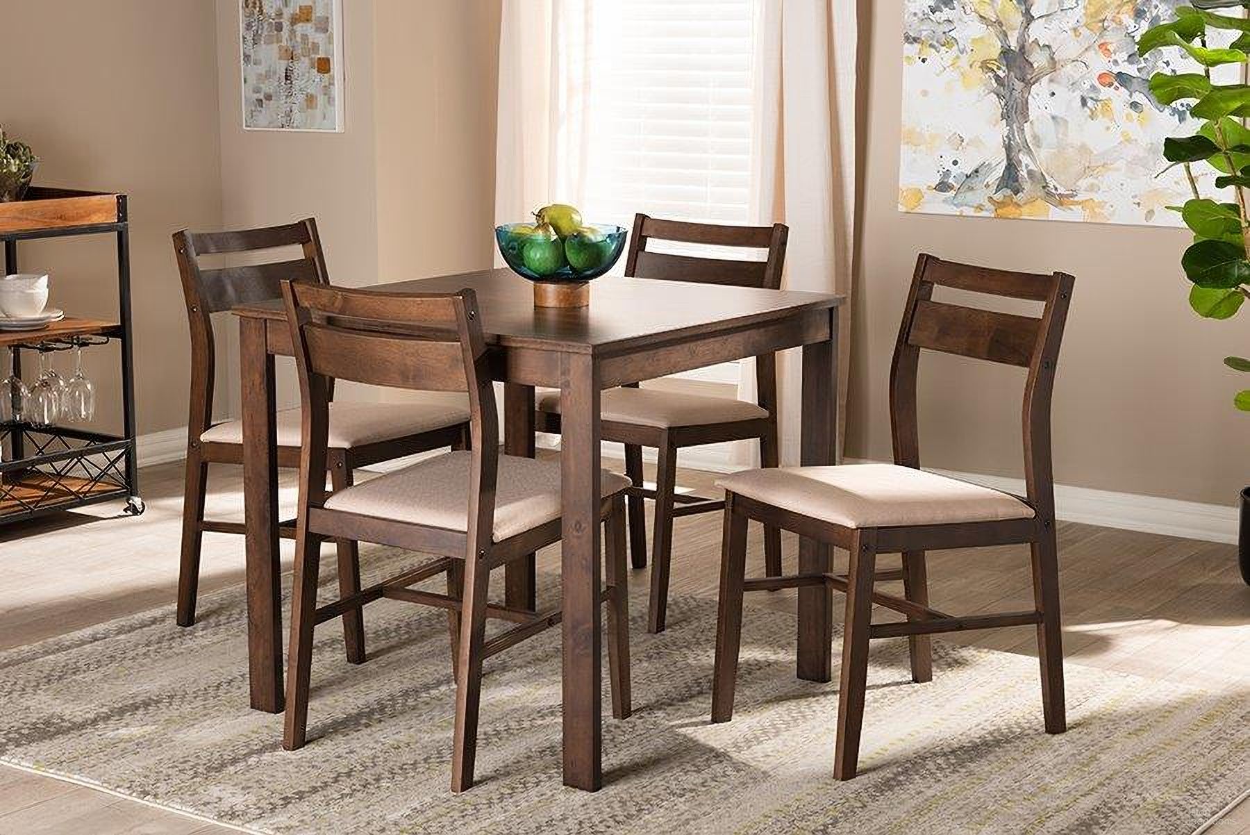 The appearance of Lovy Modern And Contemporary Beige Fabric Upholstered Dark Walnut-Finished 5-Piece Wood Dining Set designed by Baxton Studio in the modern / contemporary interior design. This beige piece of furniture was selected by 1StopBedrooms from Essential Collection to add a touch of cosiness and style into your home. Sku: Lovy Dining Set-Beige/Dark Walnut. Material: Rubberwood.