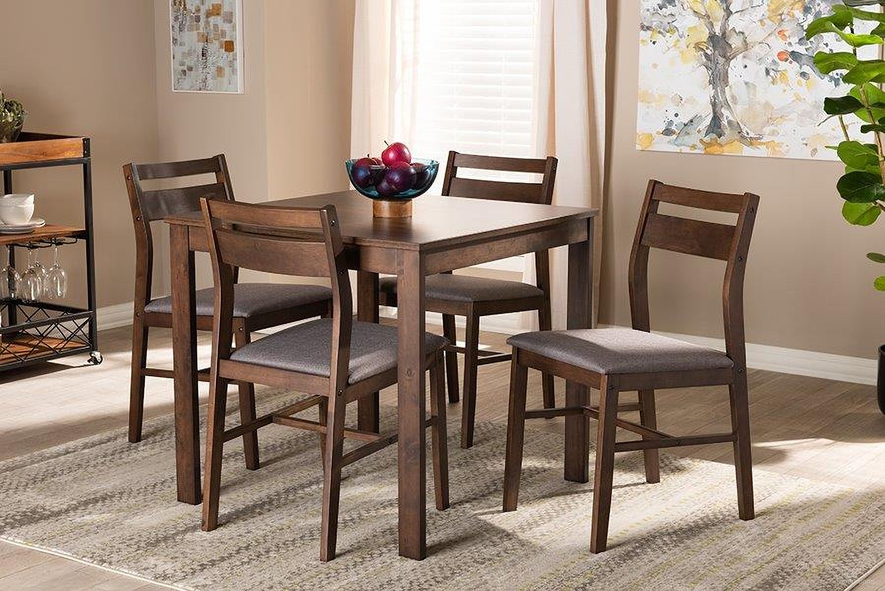 The appearance of Lovy Modern And Contemporary Gray Fabric Upholstered Dark Walnut-Finished 5-Piece Wood Dining Set designed by Baxton Studio in the modern / contemporary interior design. This gray piece of furniture was selected by 1StopBedrooms from Essential Collection to add a touch of cosiness and style into your home. Sku: Lovy Dining Set-Grey/Dark Walnut. Material: Rubberwood.