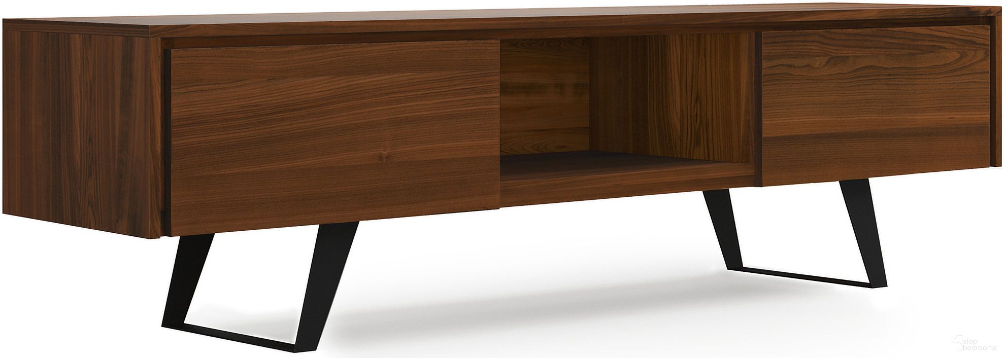 The appearance of Lowry 72 Inch TV Media Stand In Walnut designed by Simpli Home in the modern / contemporary interior design. This walnut piece of furniture was selected by 1StopBedrooms from Lowry Collection to add a touch of cosiness and style into your home. Sku: AXCLRY72-WAL. Material: Walnut Veneer.