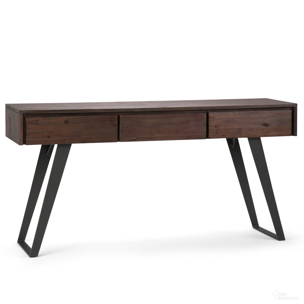 The appearance of Lowry Solid Acacia Wood Console Sofa Table In Distressed Charcoal Brown designed by Simpli Home in the modern / contemporary interior design. This distressed charcoal brown piece of furniture was selected by 1StopBedrooms from Lowry Collection to add a touch of cosiness and style into your home. Sku: AXCLRY-03. Material: Acacia.